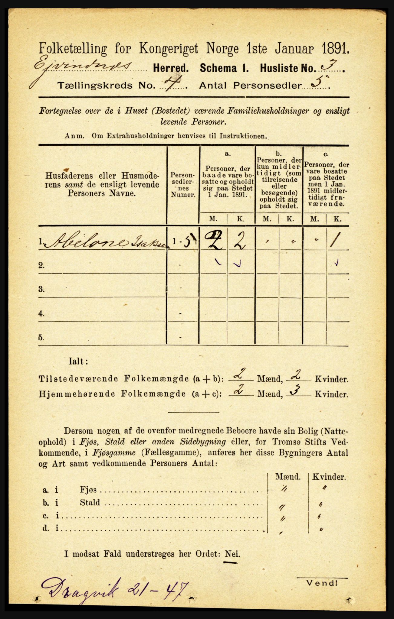 RA, 1891 census for 1853 Evenes, 1891, p. 1178