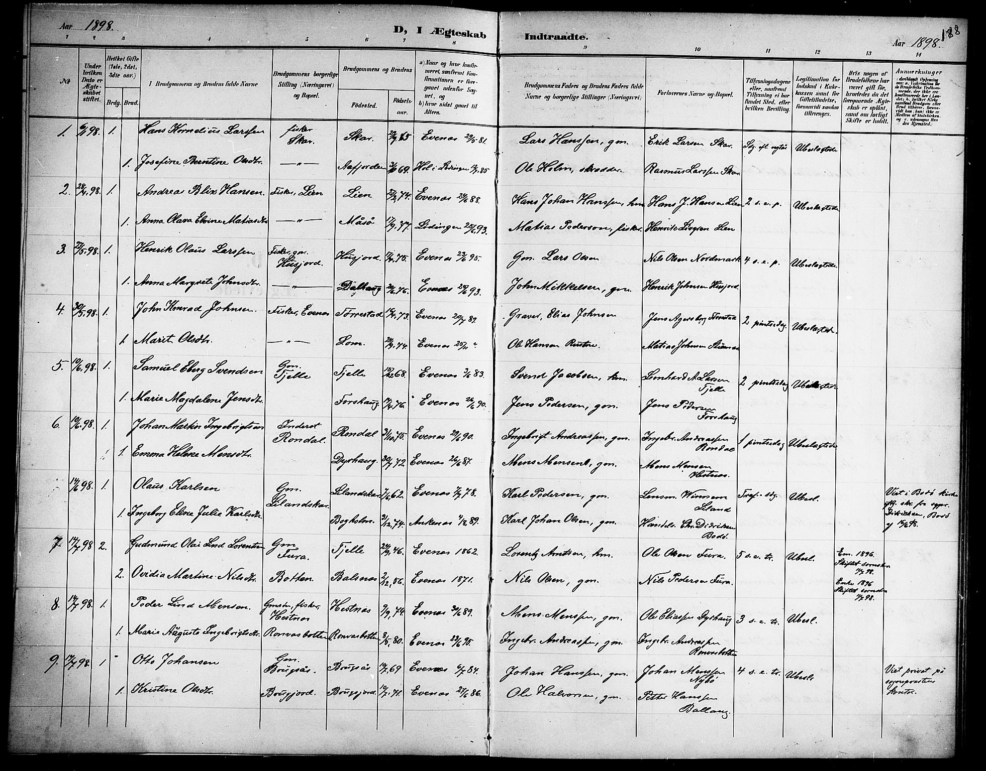 Ministerialprotokoller, klokkerbøker og fødselsregistre - Nordland, AV/SAT-A-1459/863/L0915: Parish register (copy) no. 863C05, 1898-1907, p. 188