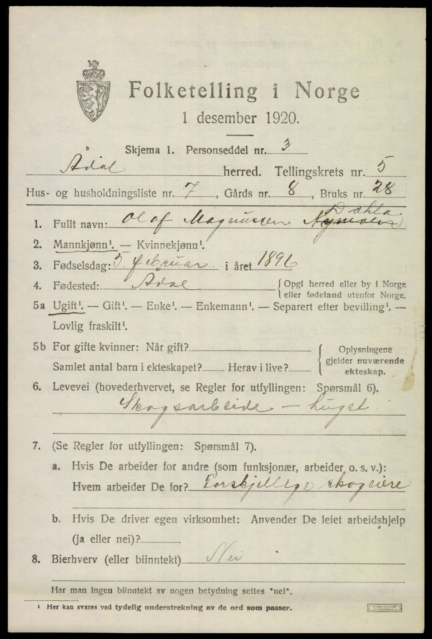 SAKO, 1920 census for Ådal, 1920, p. 4190