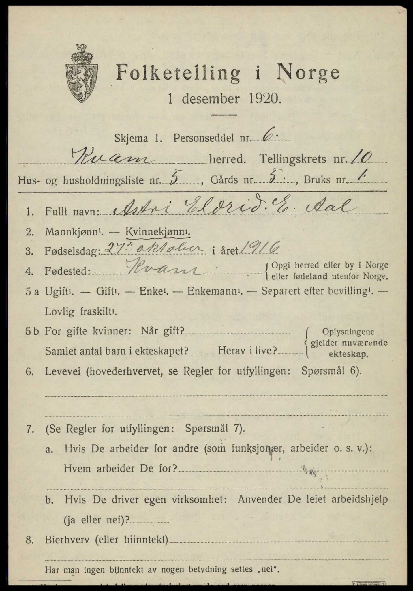 SAT, 1920 census for Kvam, 1920, p. 2557