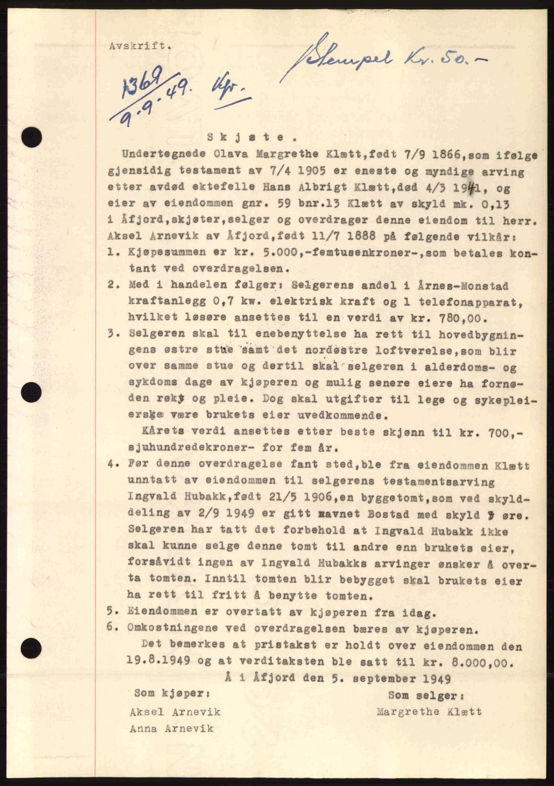 Fosen sorenskriveri, AV/SAT-A-1107/1/2/2C: Mortgage book no. A10, 1949-1950, Diary no: : 1369/1949