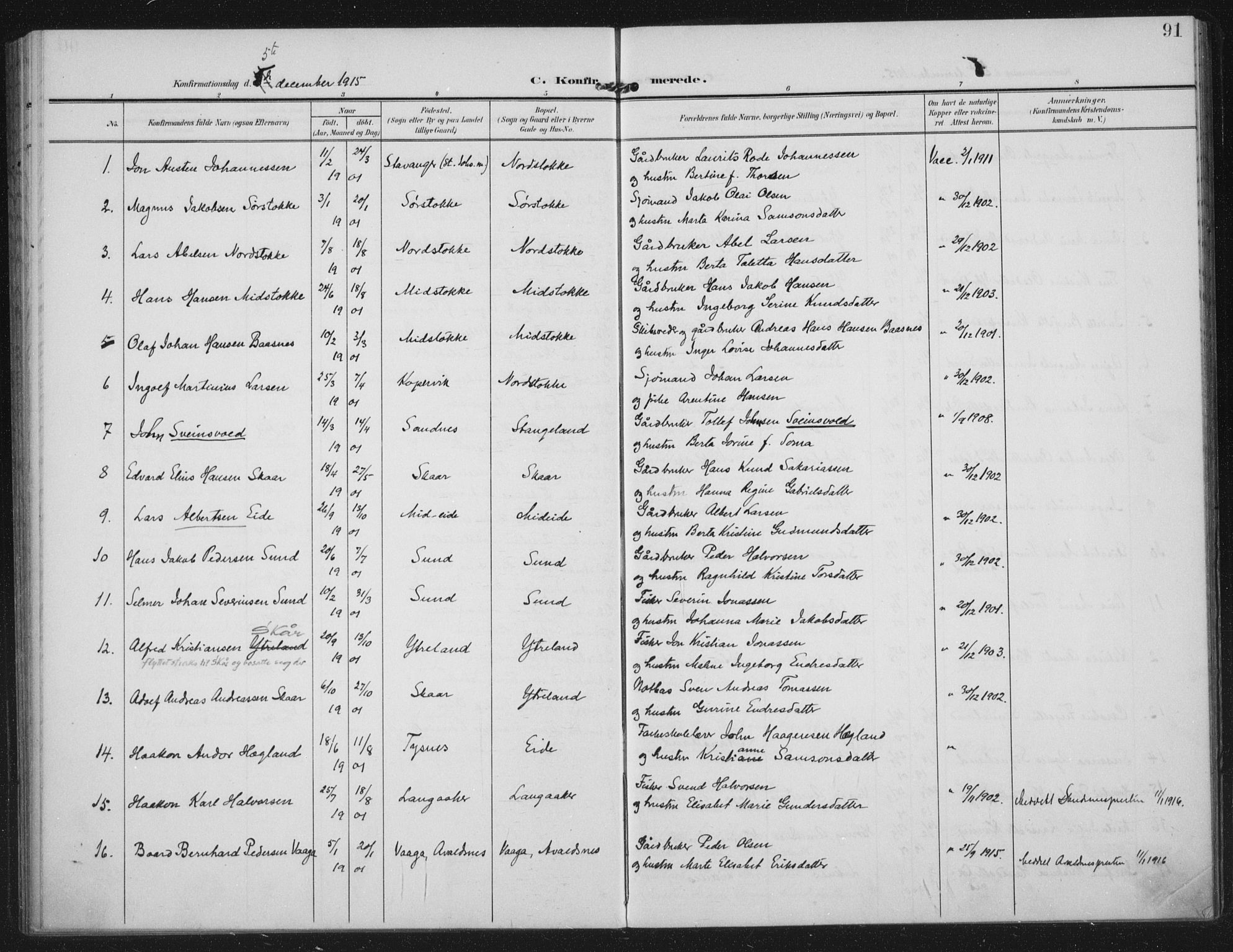 Kopervik sokneprestkontor, AV/SAST-A-101850/H/Ha/Haa/L0003: Parish register (official) no. A 3, 1906-1924, p. 91