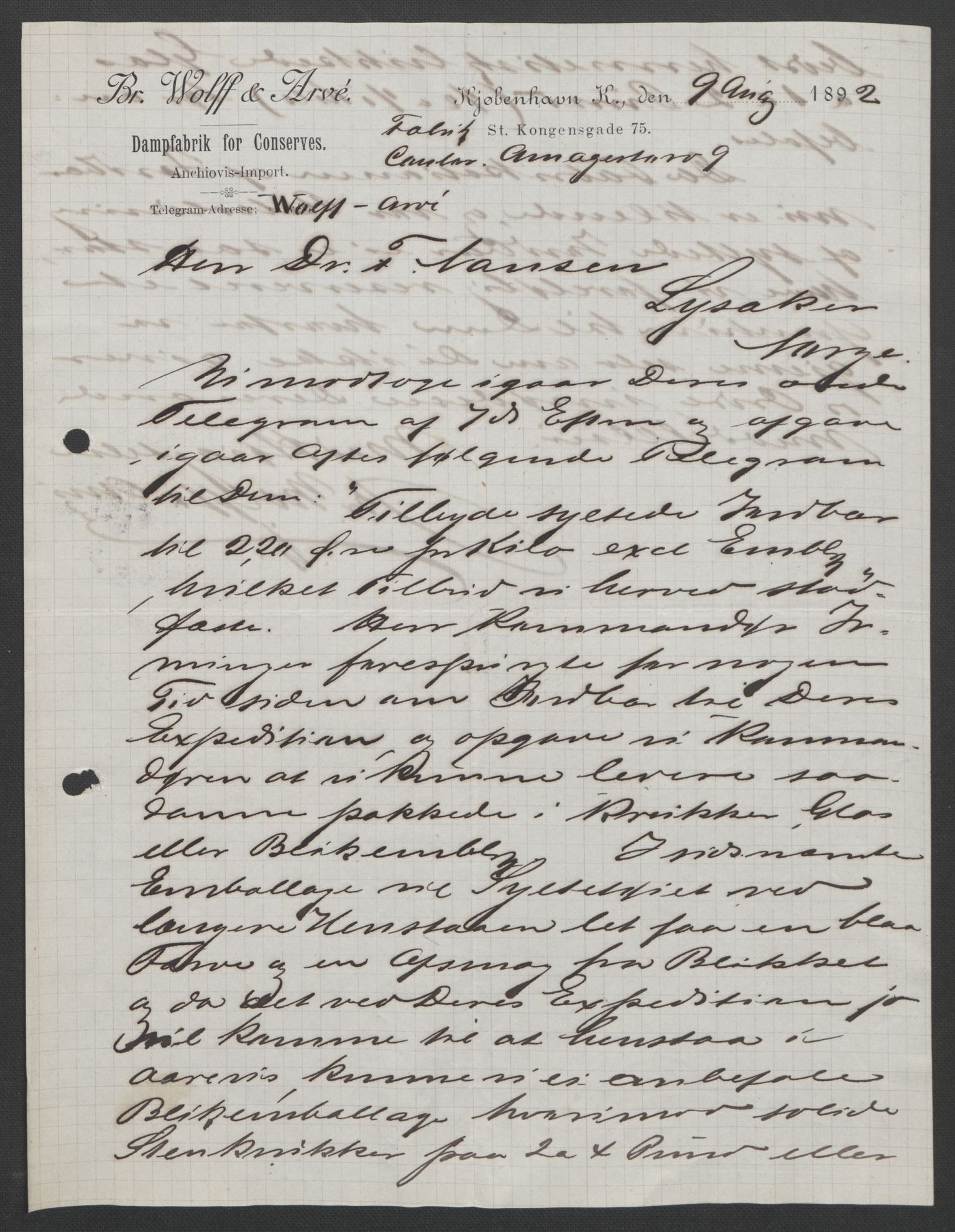 Arbeidskomitéen for Fridtjof Nansens polarekspedisjon, AV/RA-PA-0061/D/L0004: Innk. brev og telegrammer vedr. proviant og utrustning, 1892-1893, p. 589