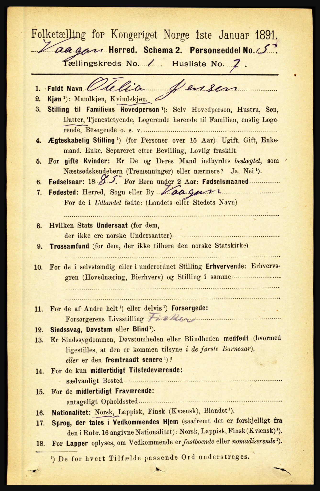 RA, 1891 census for 1865 Vågan, 1891, p. 140