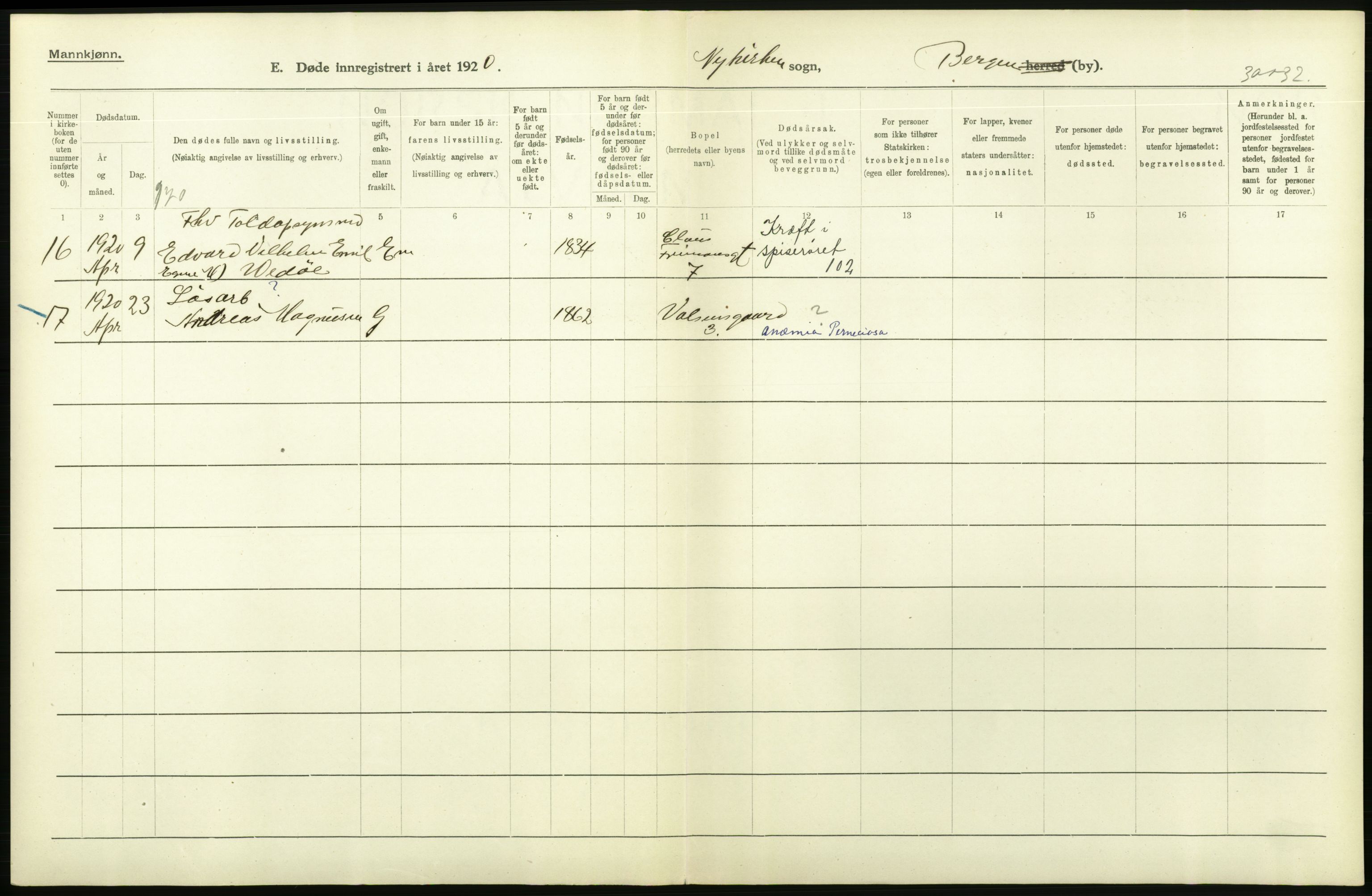 Statistisk sentralbyrå, Sosiodemografiske emner, Befolkning, AV/RA-S-2228/D/Df/Dfb/Dfbj/L0042: Bergen: Gifte, døde, dødfødte., 1920, p. 536