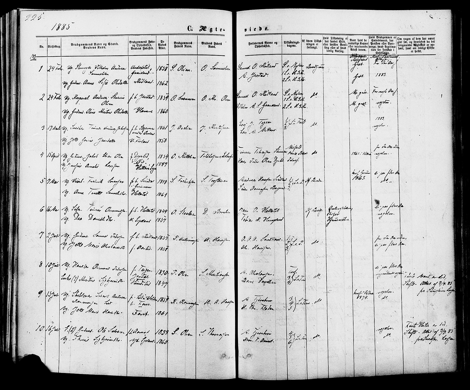Kvinesdal sokneprestkontor, SAK/1111-0026/F/Fa/Fab/L0007: Parish register (official) no. A 7, 1870-1885, p. 225