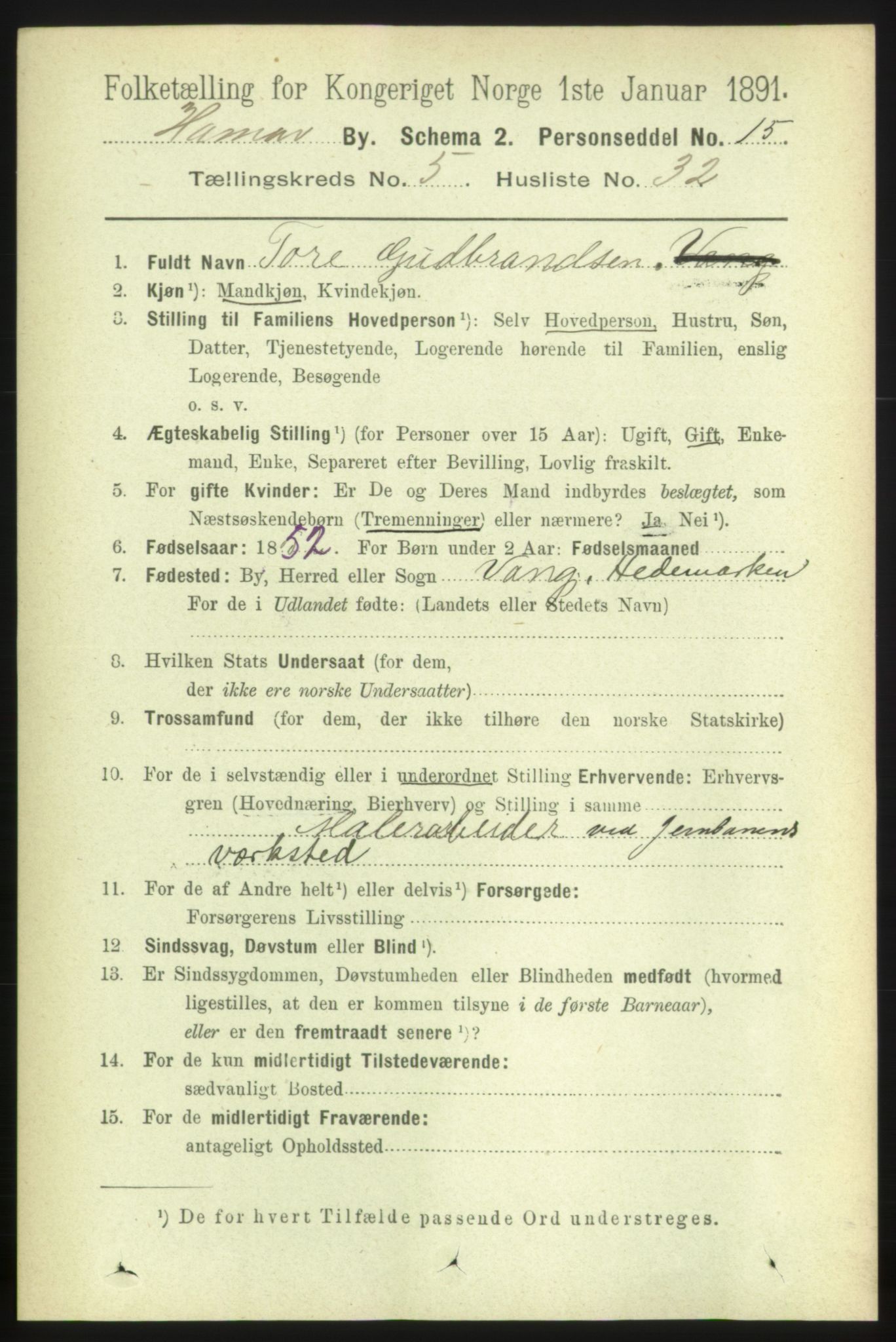 RA, 1891 census for 0401 Hamar, 1891, p. 4187