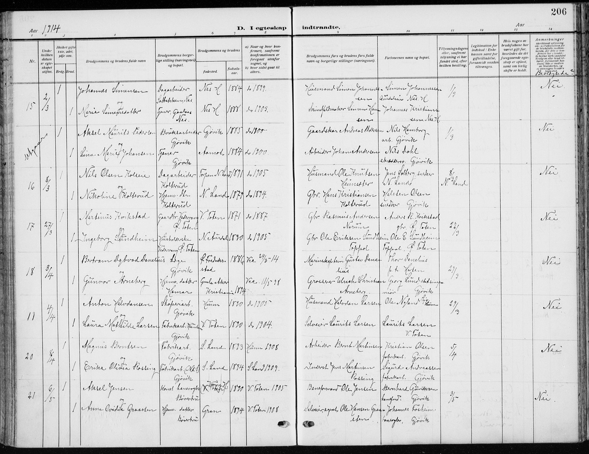 Vardal prestekontor, AV/SAH-PREST-100/H/Ha/Haa/L0014: Parish register (official) no. 14, 1912-1922, p. 206