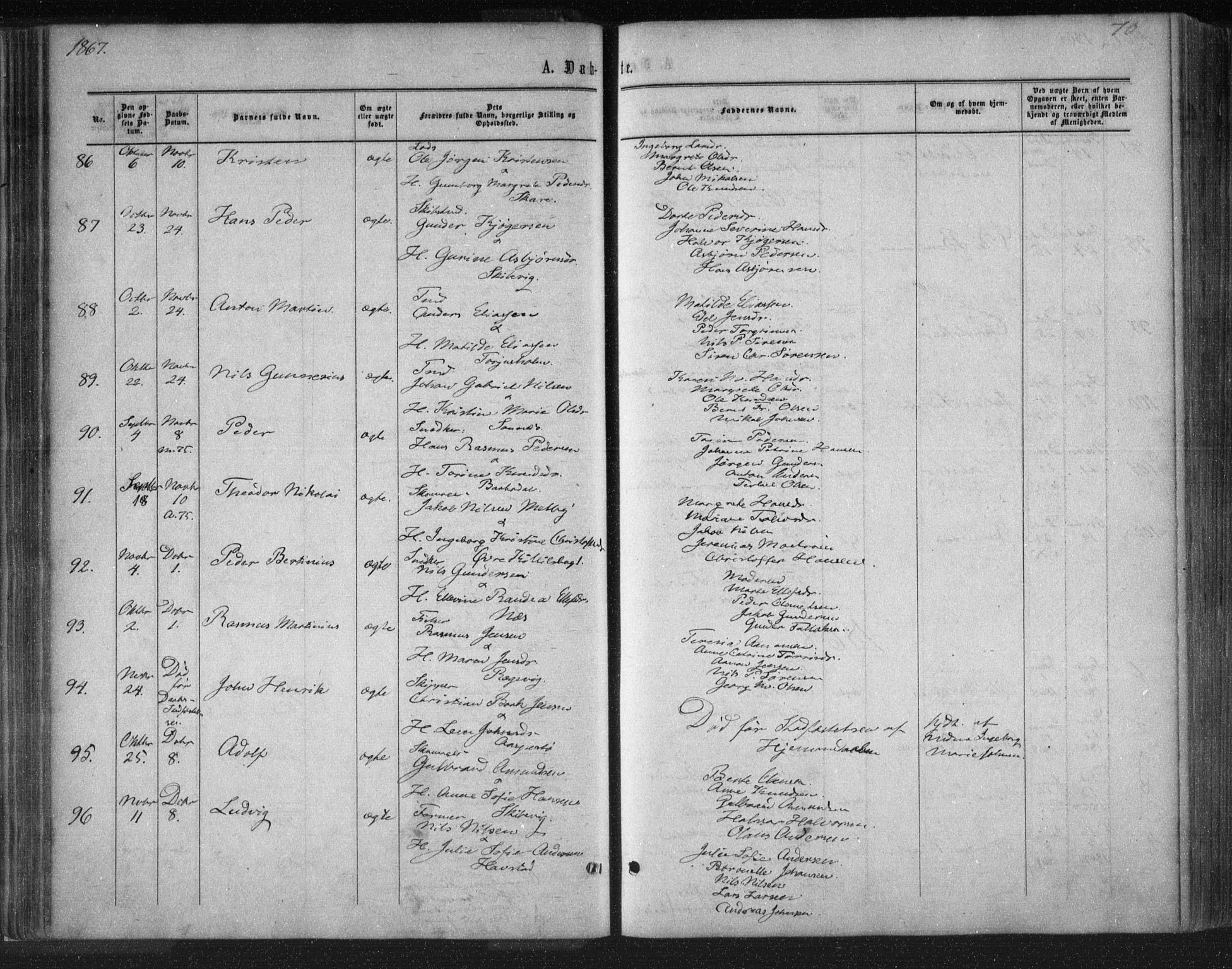 Tromøy sokneprestkontor, SAK/1111-0041/F/Fa/L0007: Parish register (official) no. A 7, 1864-1869, p. 70