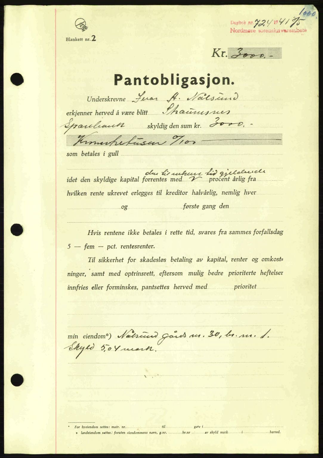 Nordmøre sorenskriveri, AV/SAT-A-4132/1/2/2Ca: Mortgage book no. B87, 1940-1941, Diary no: : 724/1941