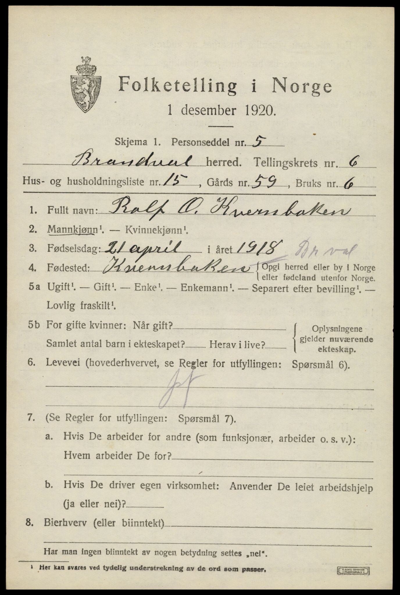 SAH, 1920 census for Brandval, 1920, p. 5432