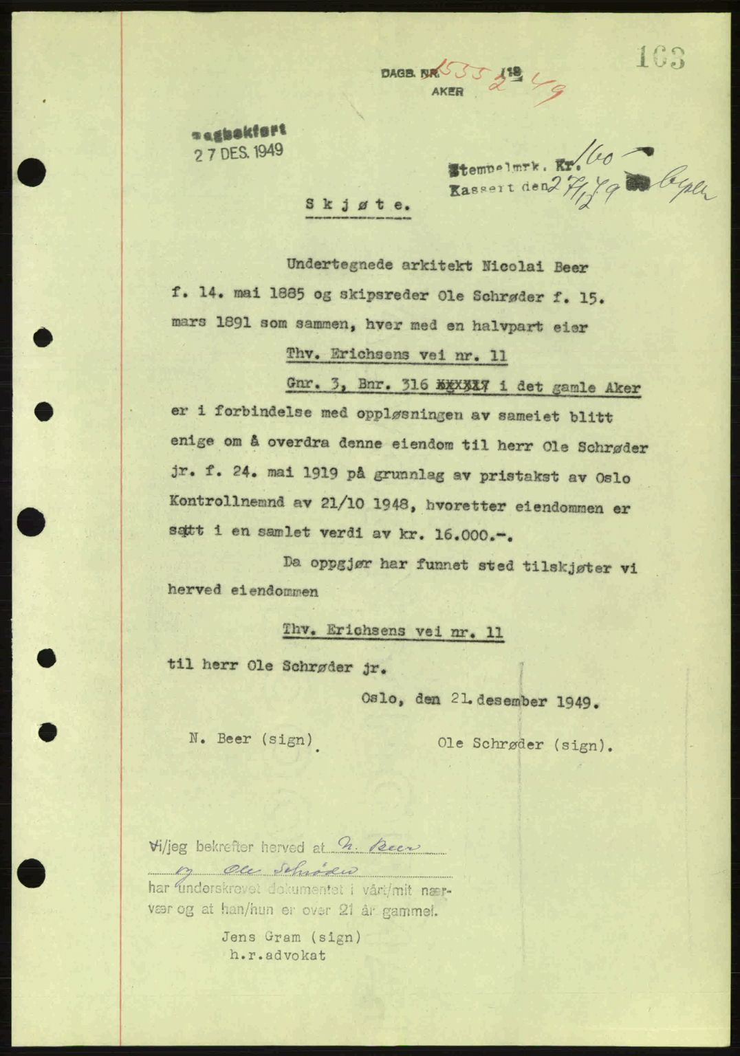 Oslo byskriverembete, AV/SAO-A-10227/G/Gb/Gbd/Gbda/L0017: Mortgage book no. A215, 1949-1950, Diary no: : 15552/1949