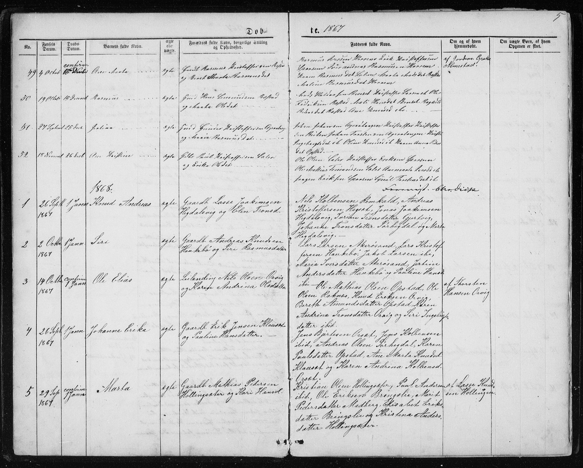 Ministerialprotokoller, klokkerbøker og fødselsregistre - Møre og Romsdal, SAT/A-1454/560/L0724: Parish register (copy) no. 560C01, 1867-1892, p. 5