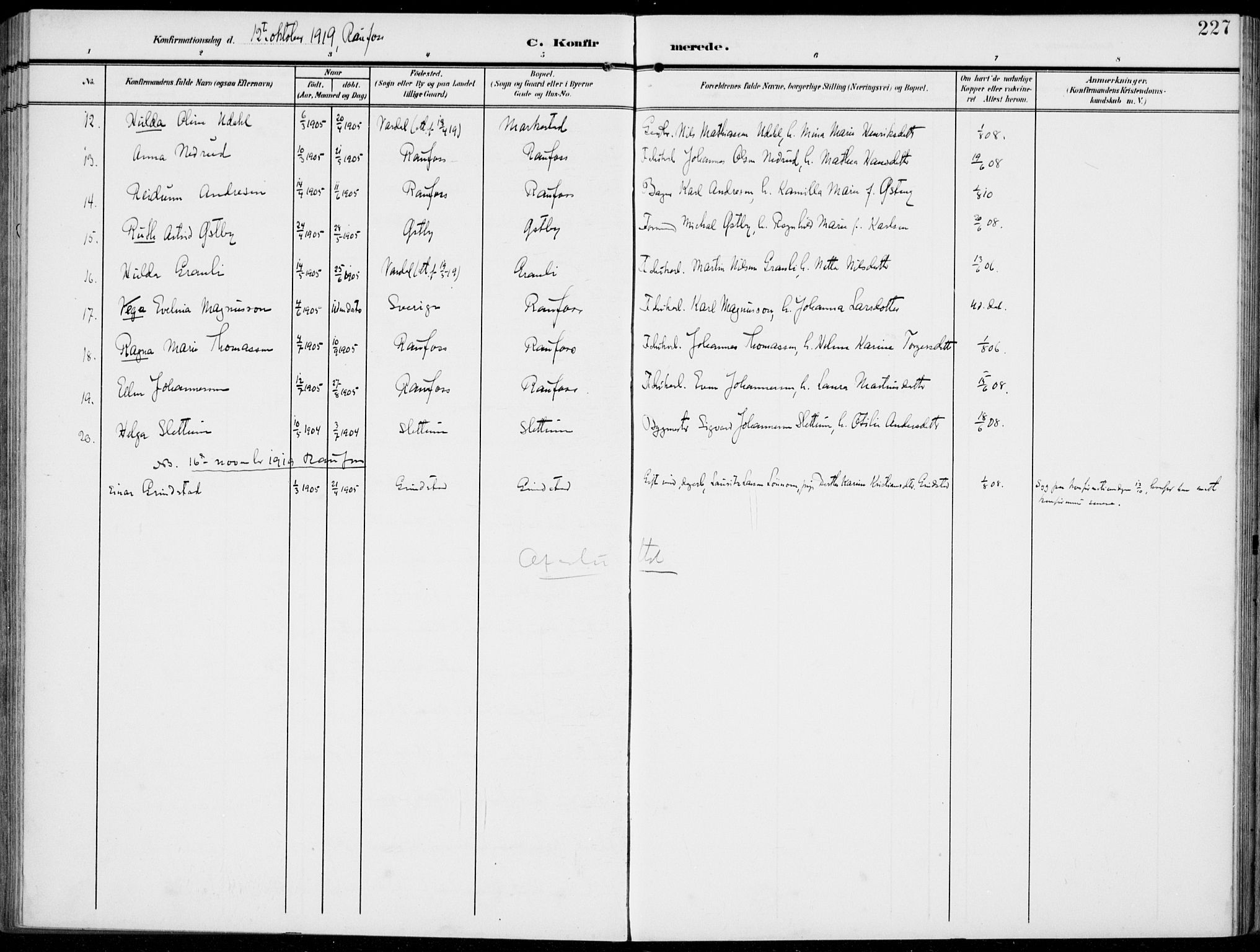 Vestre Toten prestekontor, AV/SAH-PREST-108/H/Ha/Haa/L0014: Parish register (official) no. 14, 1907-1920, p. 227