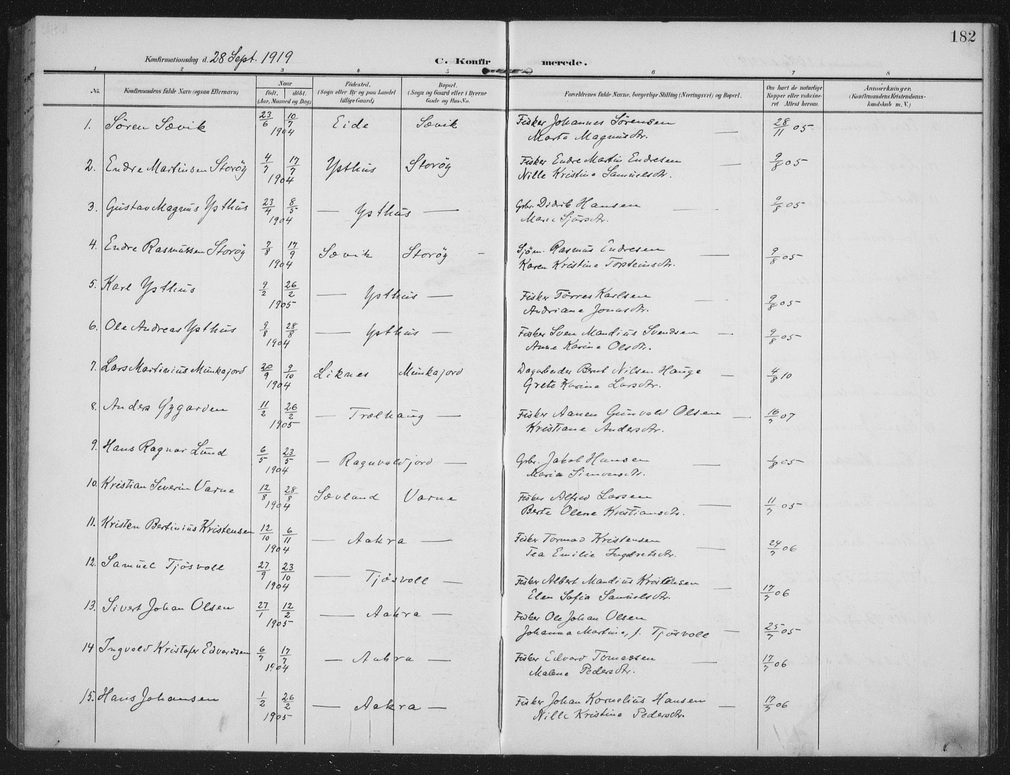 Kopervik sokneprestkontor, SAST/A-101850/H/Ha/Haa/L0005: Parish register (official) no. A 5, 1906-1924, p. 182