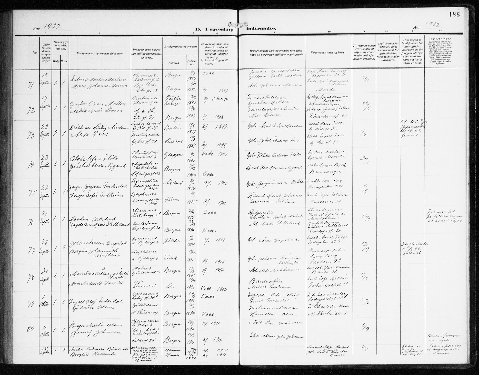 Sandviken Sokneprestembete, SAB/A-77601/H/Ha/L0015: Parish register (official) no. D 2, 1911-1923, p. 186