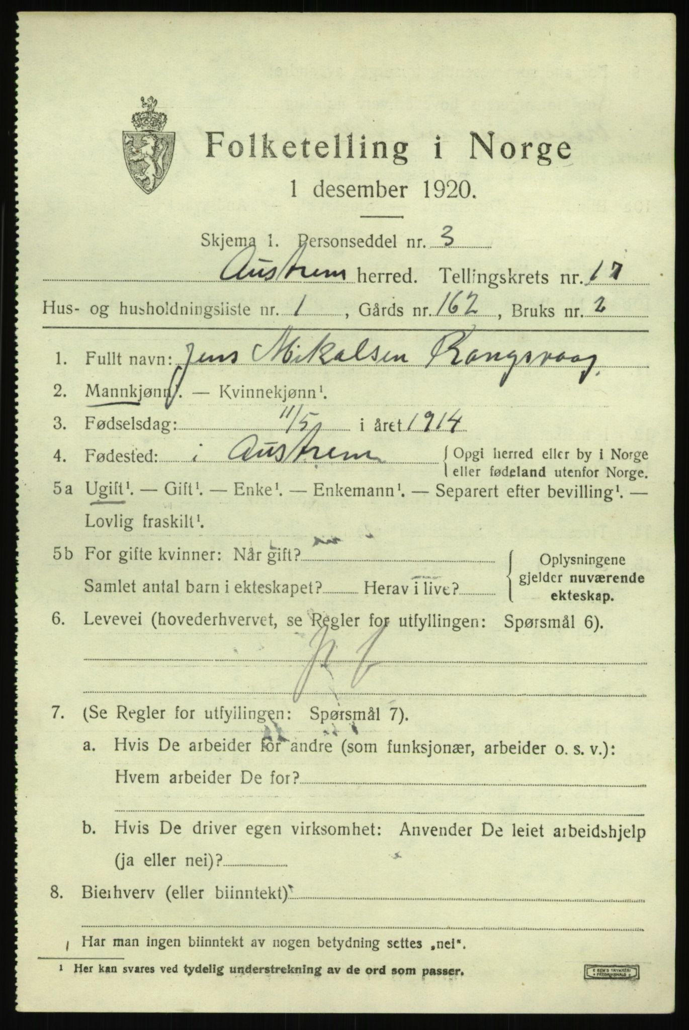 SAB, 1920 census for Austrheim, 1920, p. 5416