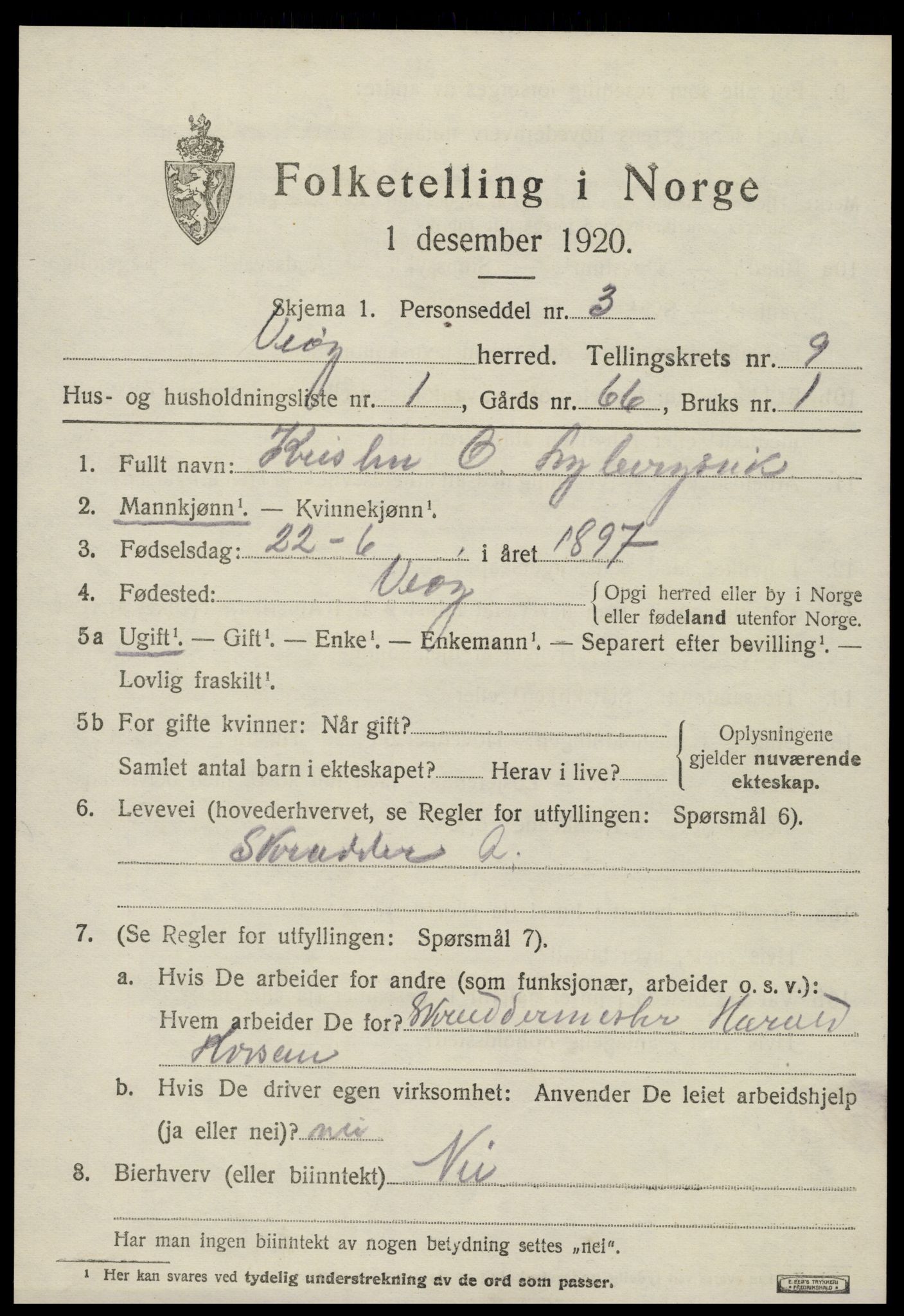 SAT, 1920 census for Veøy, 1920, p. 4159