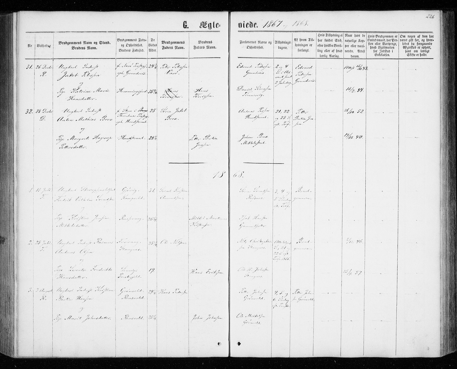 Tranøy sokneprestkontor, SATØ/S-1313/I/Ia/Iaa/L0008kirke: Parish register (official) no. 8, 1867-1877, p. 226
