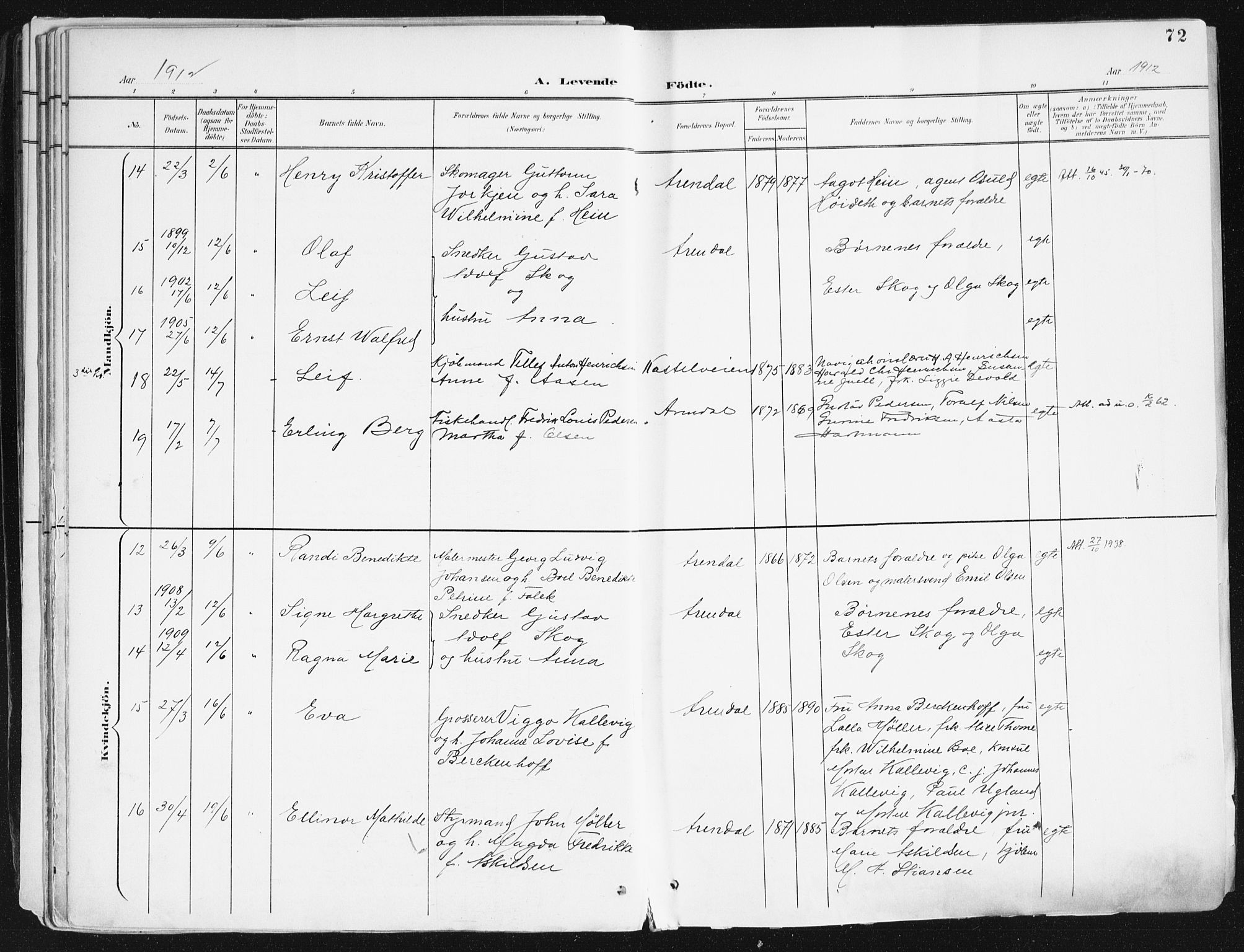 Arendal sokneprestkontor, Trefoldighet, AV/SAK-1111-0040/F/Fa/L0010: Parish register (official) no. A 10, 1900-1919, p. 72