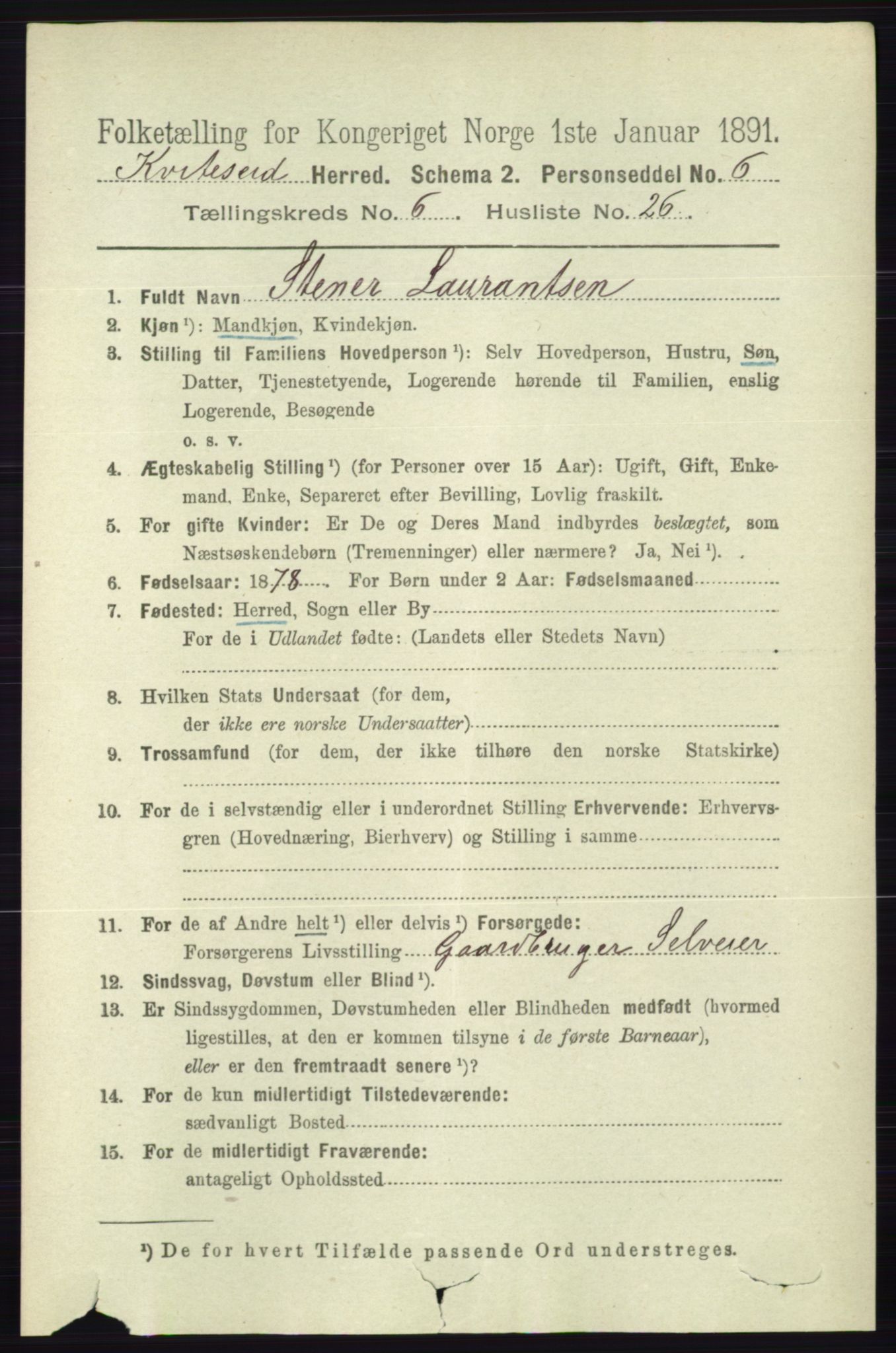 RA, 1891 census for 0829 Kviteseid, 1891, p. 1324