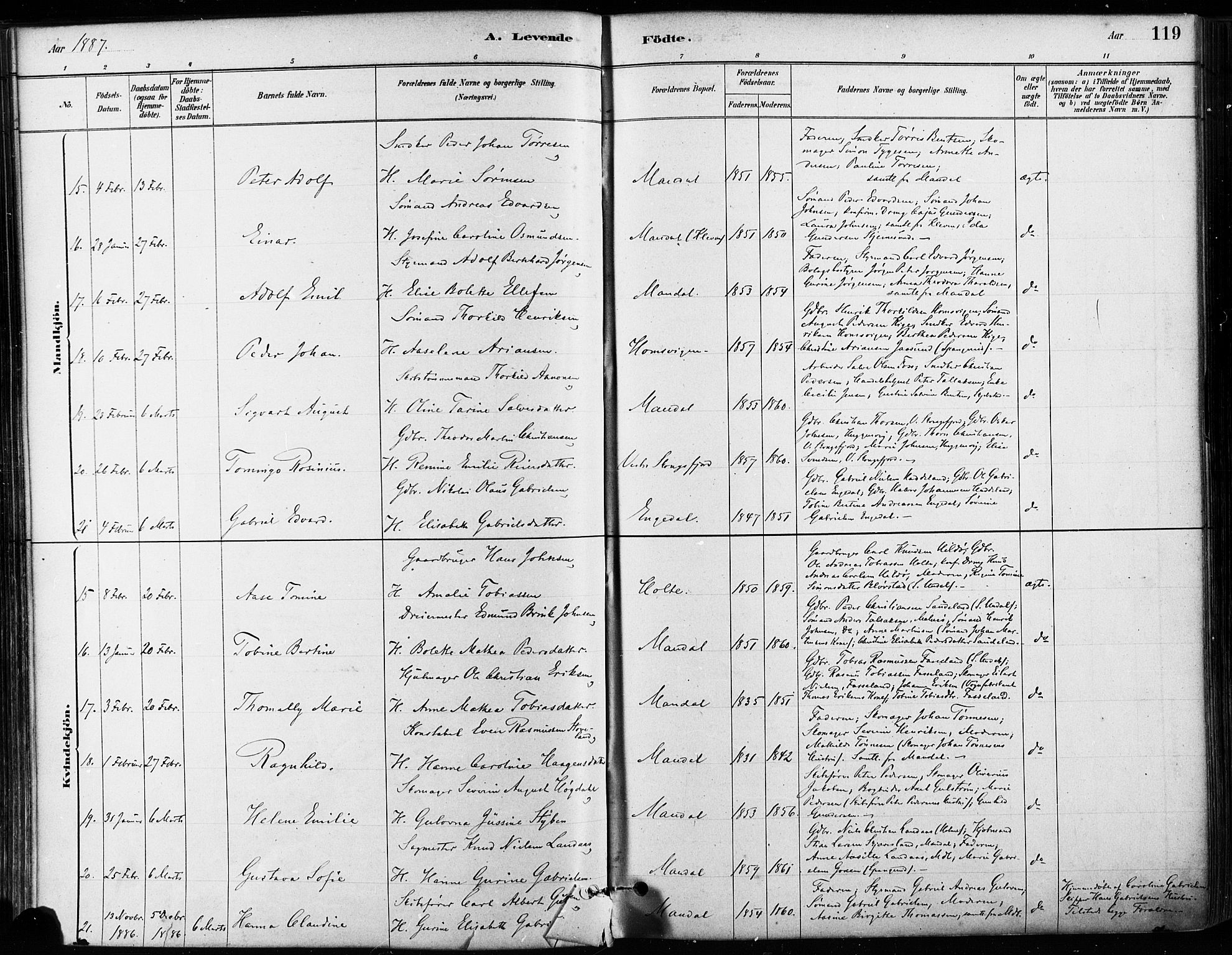 Mandal sokneprestkontor, AV/SAK-1111-0030/F/Fa/Faa/L0016: Parish register (official) no. A 16, 1880-1890, p. 119