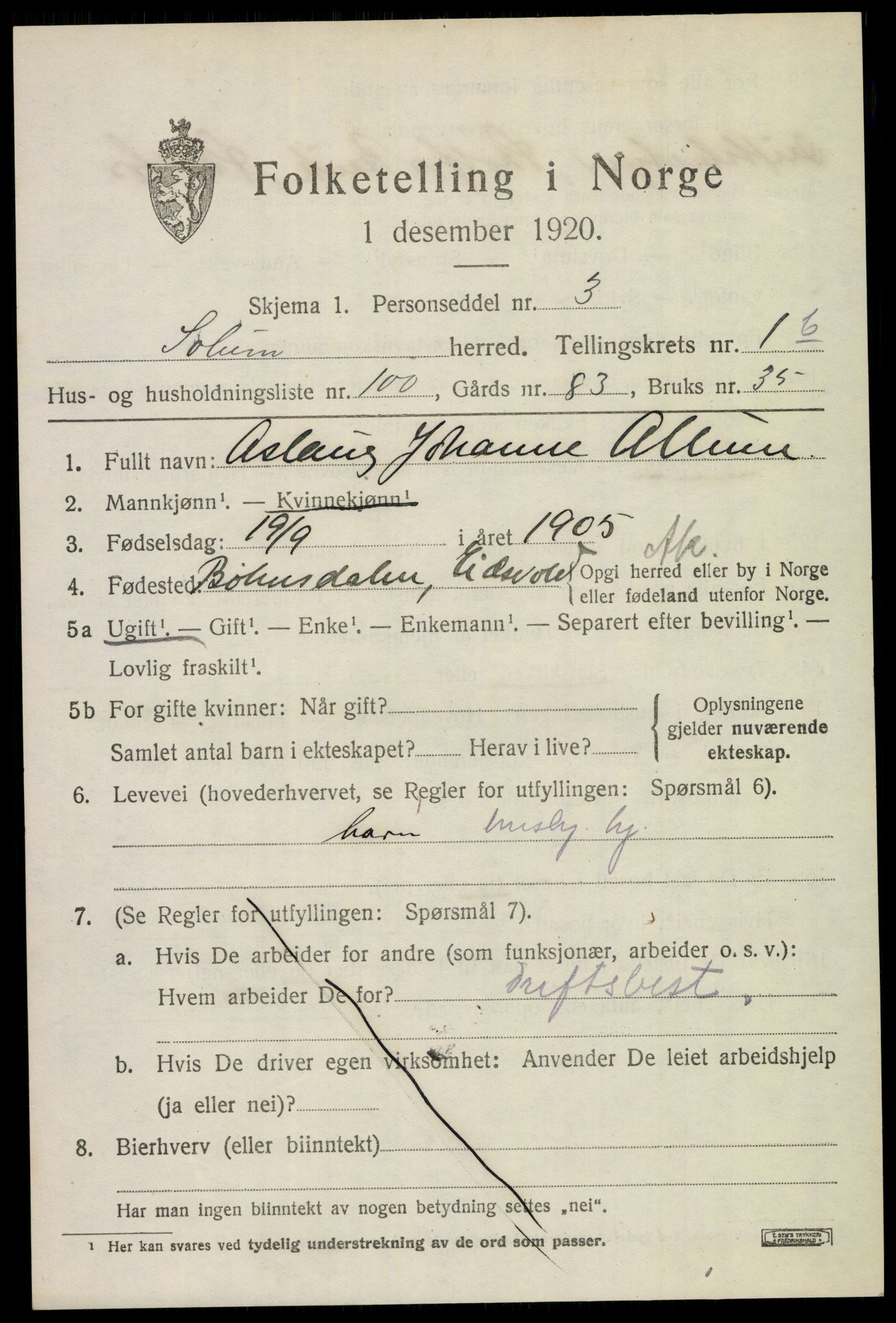 SAKO, 1920 census for Solum, 1920, p. 6312