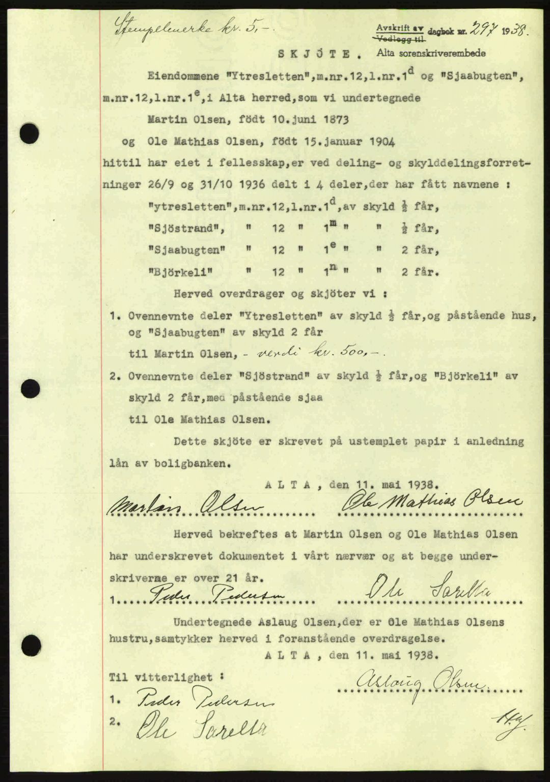 Alta fogderi/sorenskriveri, SATØ/SATØ-5/1/K/Kd/L0031pantebok: Mortgage book no. 31, 1938-1939, Diary no: : 297/1938
