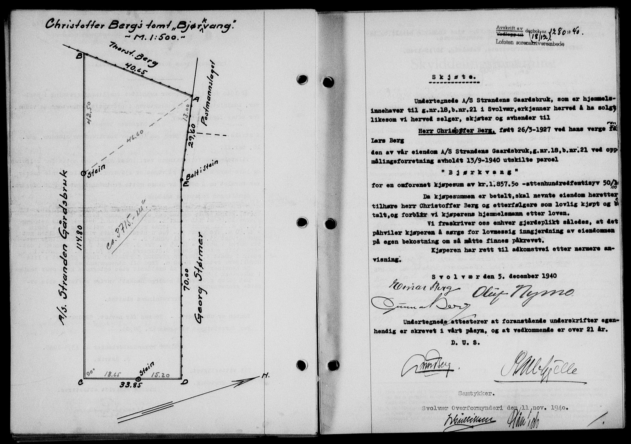 Lofoten sorenskriveri, SAT/A-0017/1/2/2C/L0008a: Mortgage book no. 8a, 1940-1941, Diary no: : 1280/1940