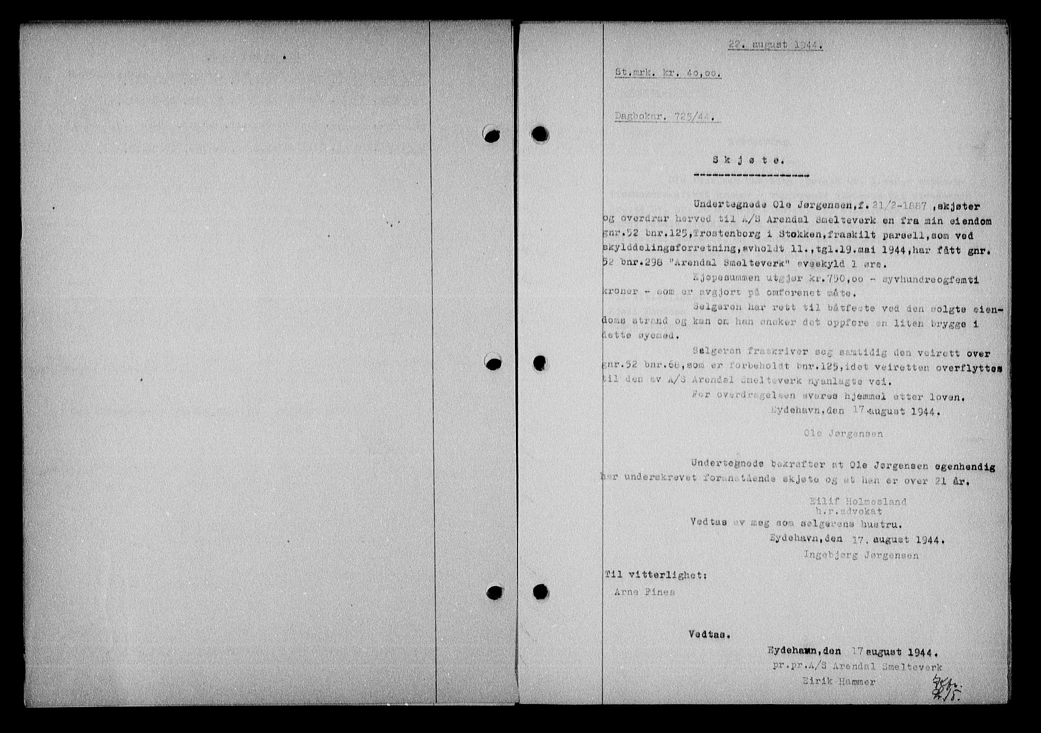 Nedenes sorenskriveri, AV/SAK-1221-0006/G/Gb/Gba/L0051: Mortgage book no. A-V, 1943-1944, Diary no: : 725/1944