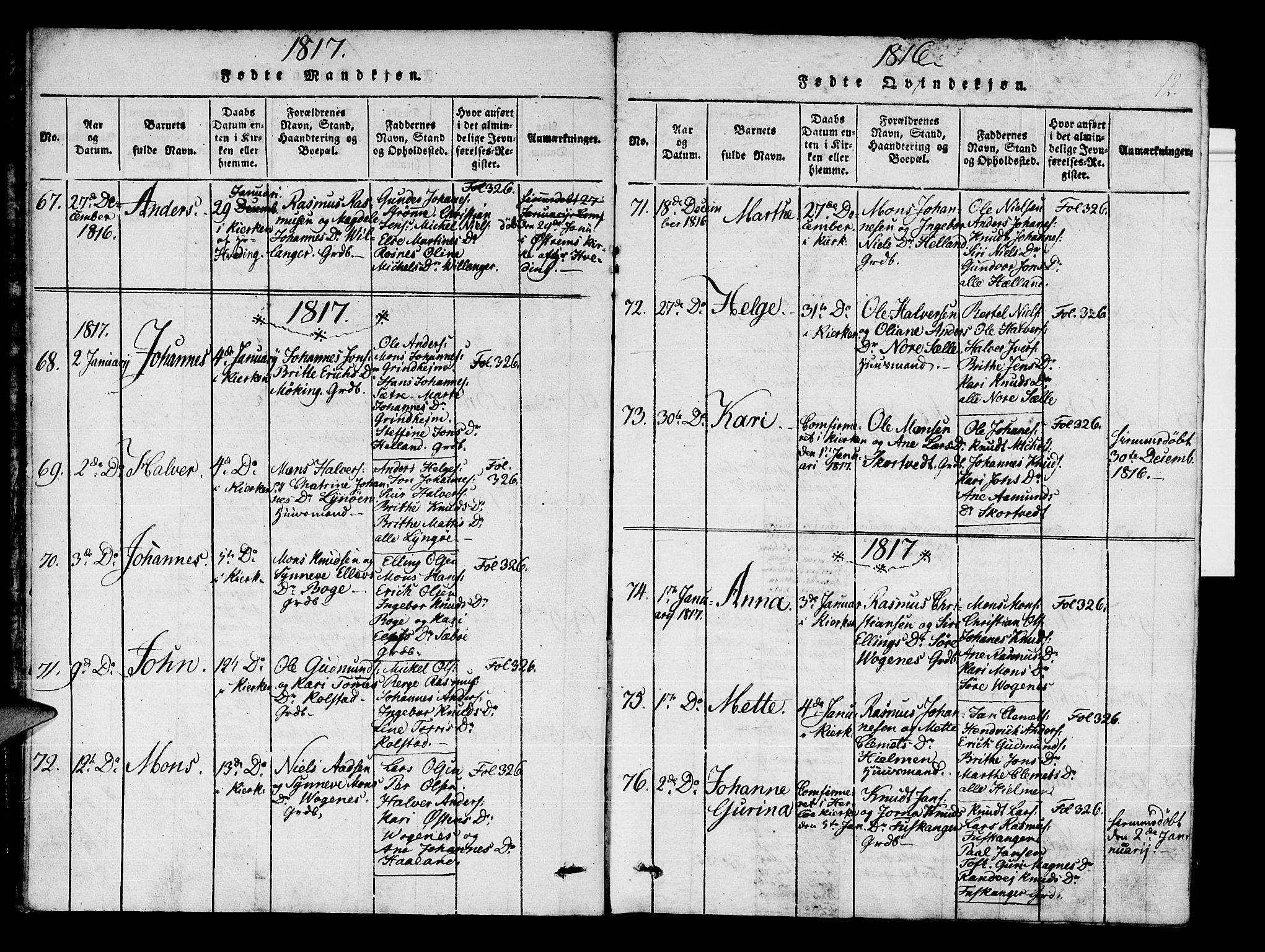 Manger sokneprestembete, AV/SAB-A-76801/H/Haa: Parish register (official) no. A 3, 1816-1824, p. 12