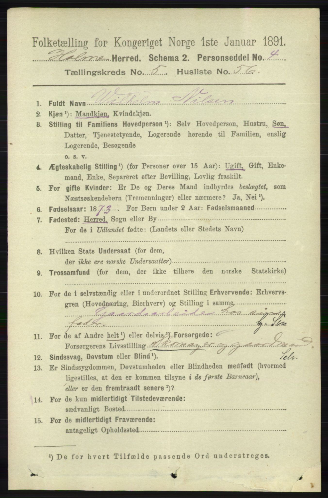 RA, 1891 census for 1020 Holum, 1891, p. 1528