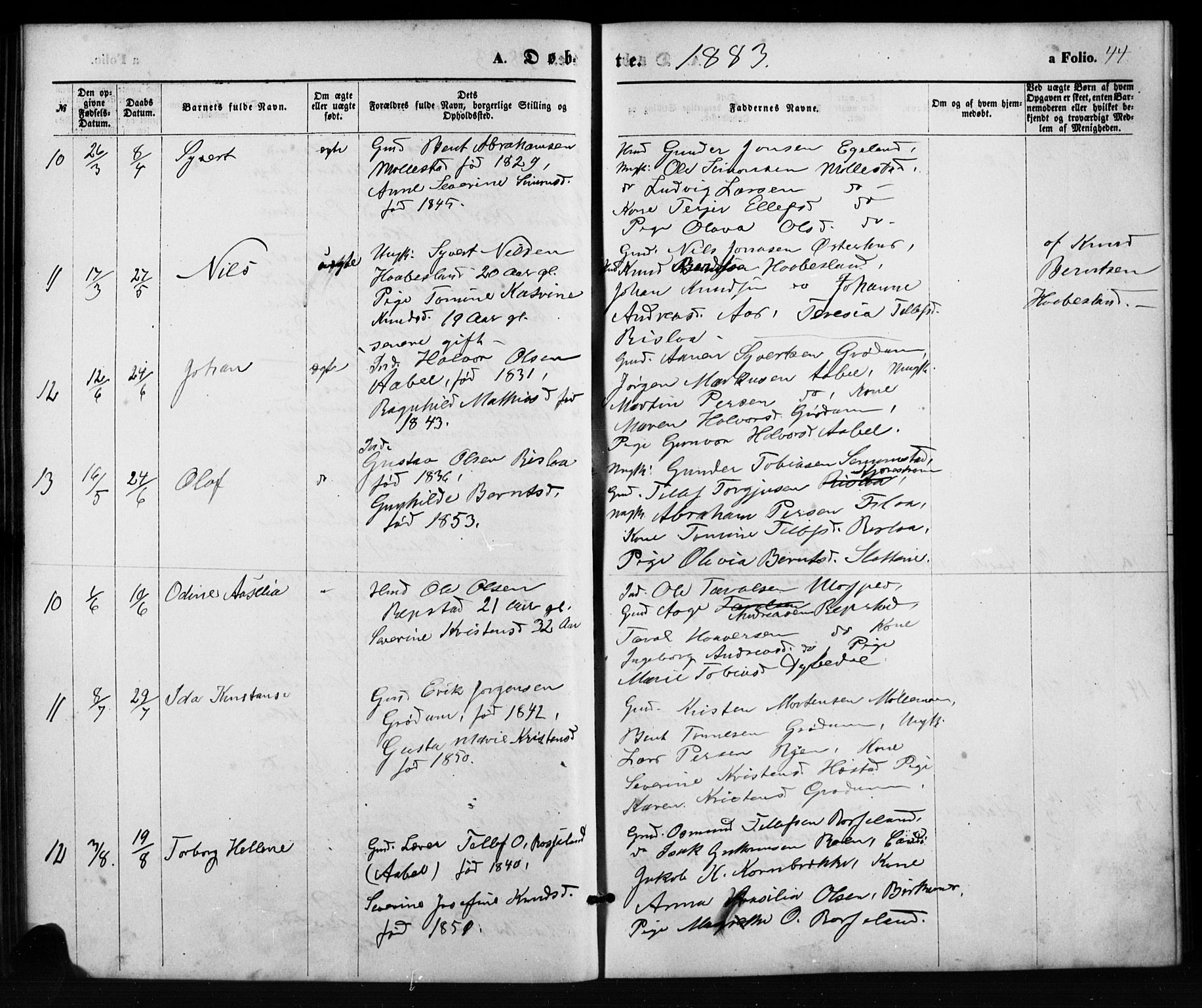 Birkenes sokneprestkontor, AV/SAK-1111-0004/F/Fb/L0003: Parish register (copy) no. B 3, 1876-1892, p. 44