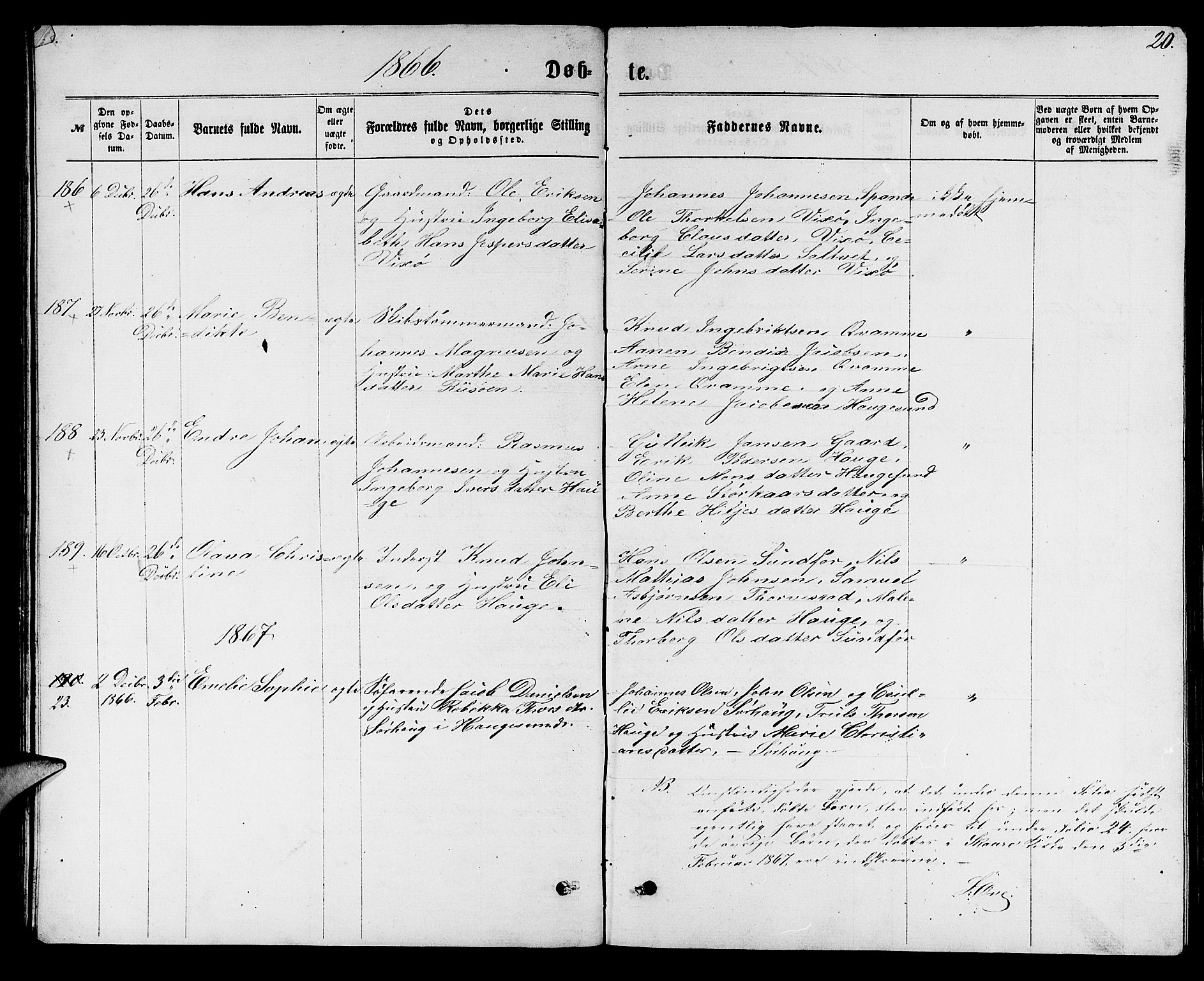 Torvastad sokneprestkontor, SAST/A -101857/H/Ha/Hab/L0007: Parish register (copy) no. B 7, 1866-1873, p. 20