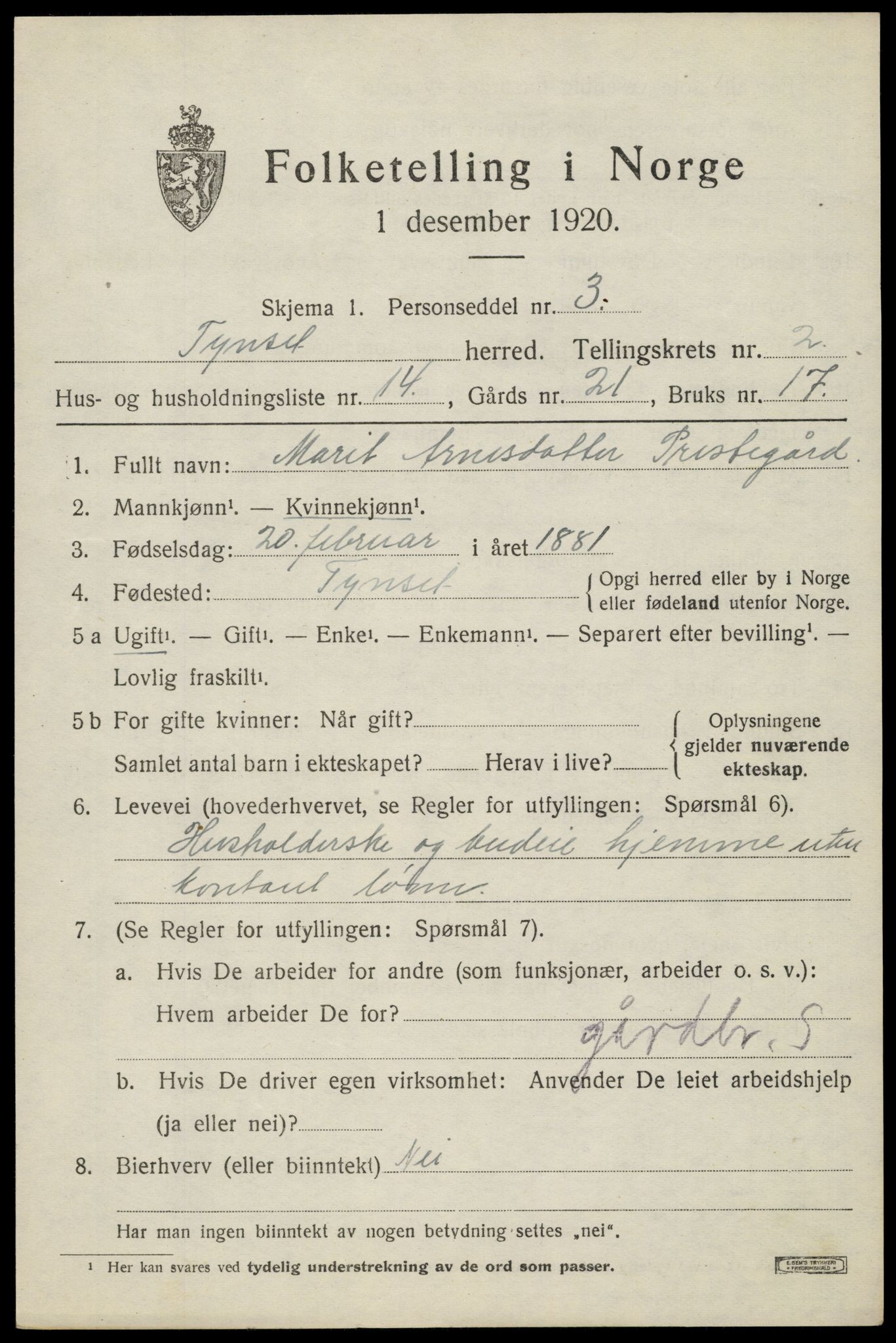 SAH, 1920 census for Tynset, 1920, p. 2450