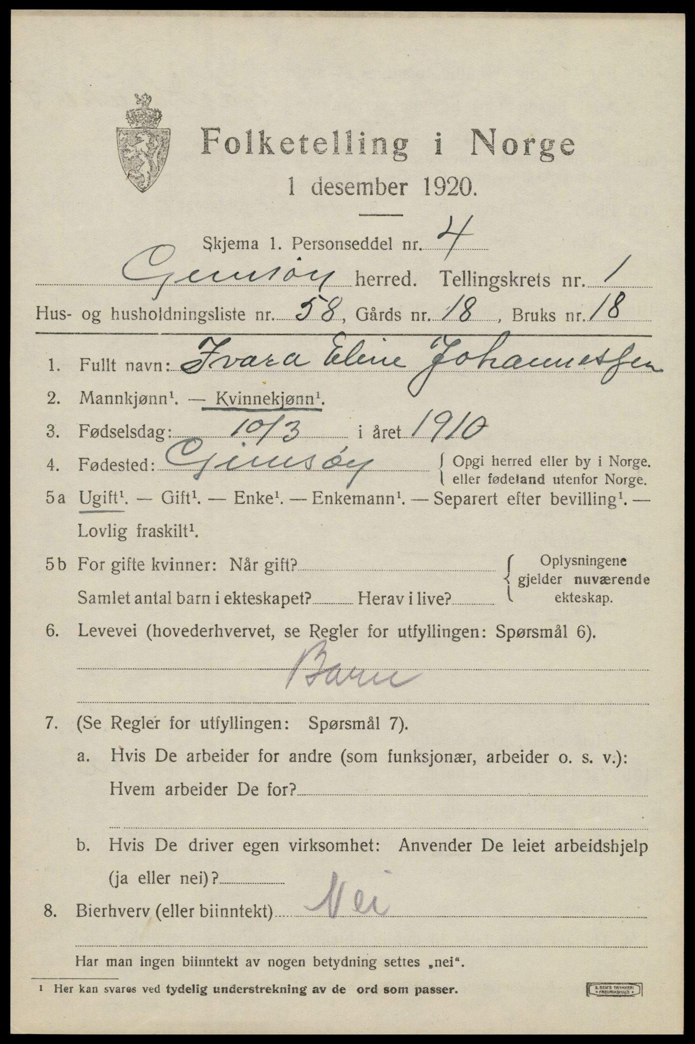 SAT, 1920 census for Gimsøy, 1920, p. 1217