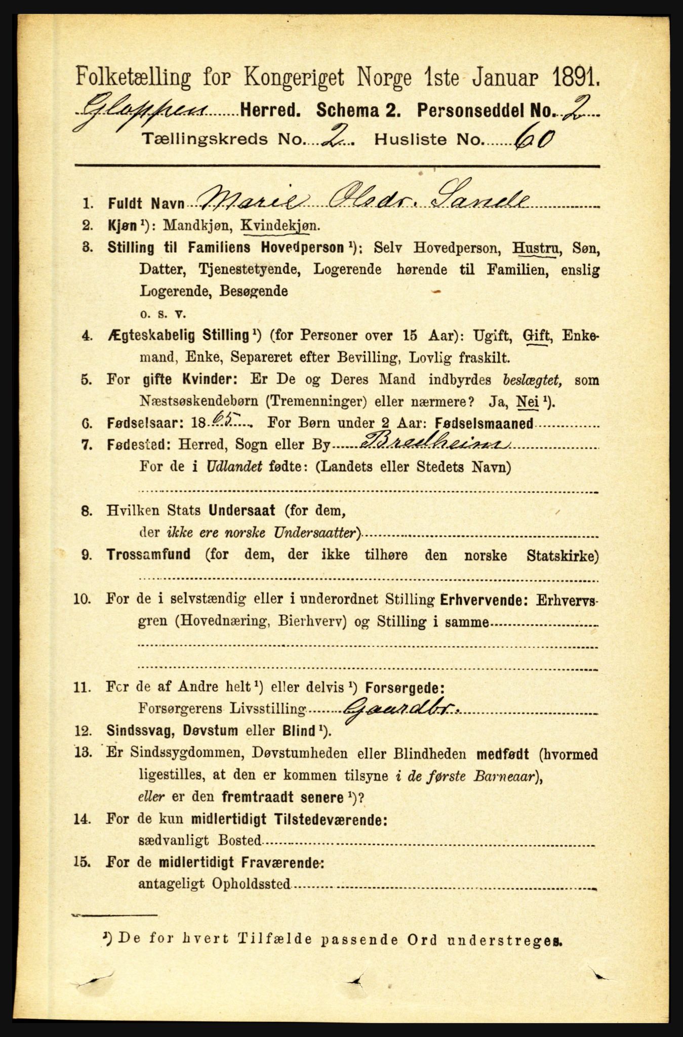 RA, 1891 census for 1445 Gloppen, 1891, p. 1025