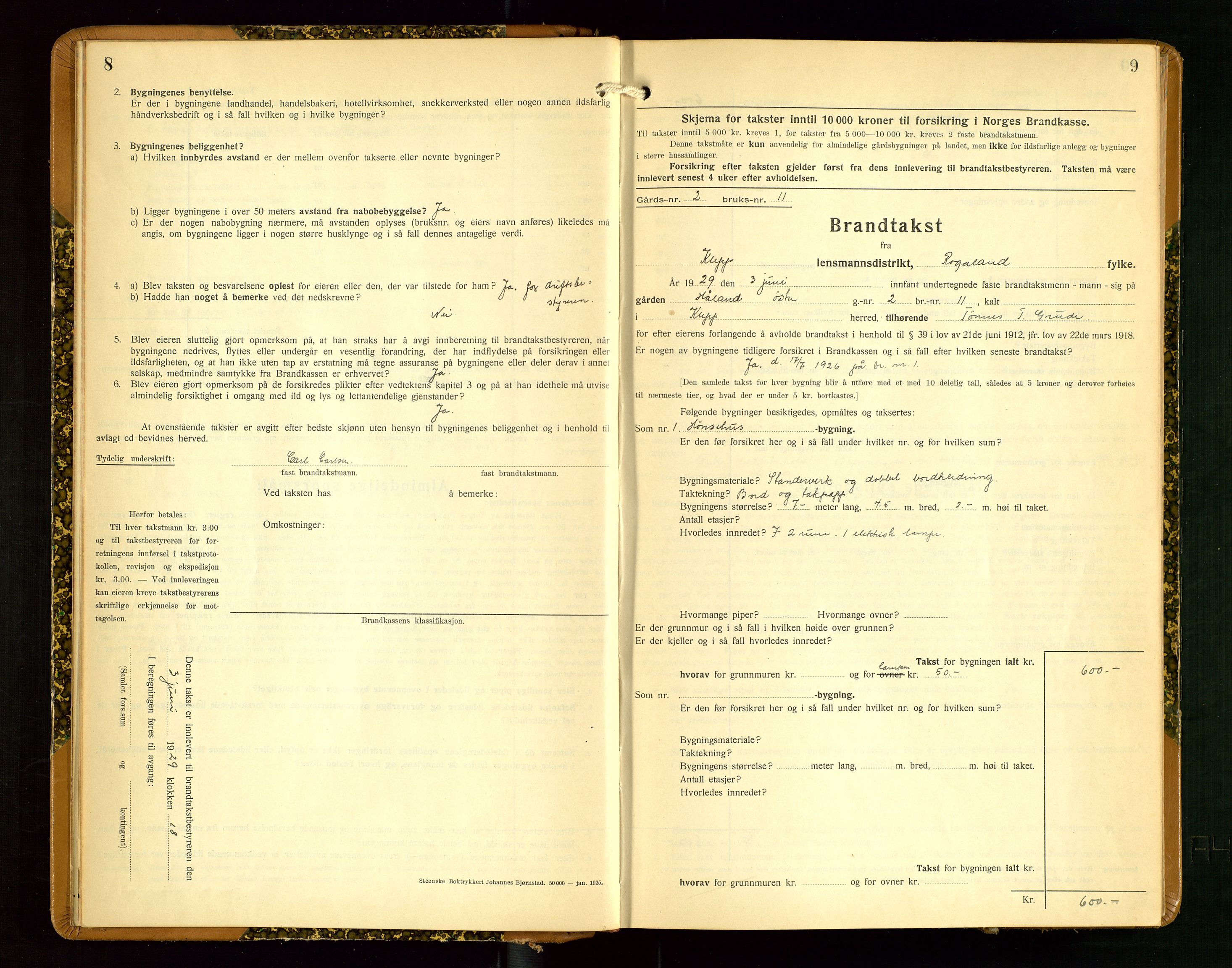 Klepp lensmannskontor, AV/SAST-A-100163/Goc/L0012: "Brandtakstprotokoll" m/register, 1929-1933, p. 8-9