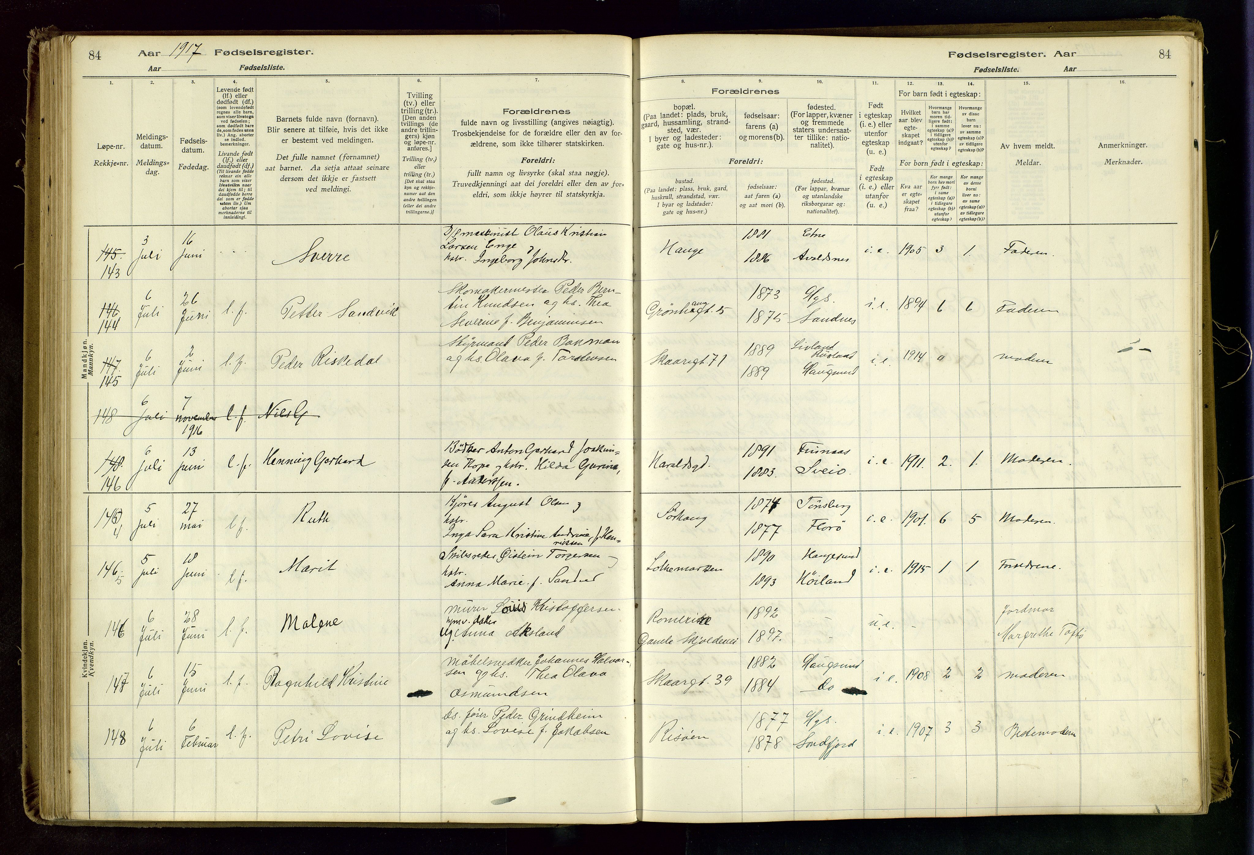 Haugesund sokneprestkontor, SAST/A -101863/I/Id/L0003: Birth register no. 1, 1916-1919, p. 84