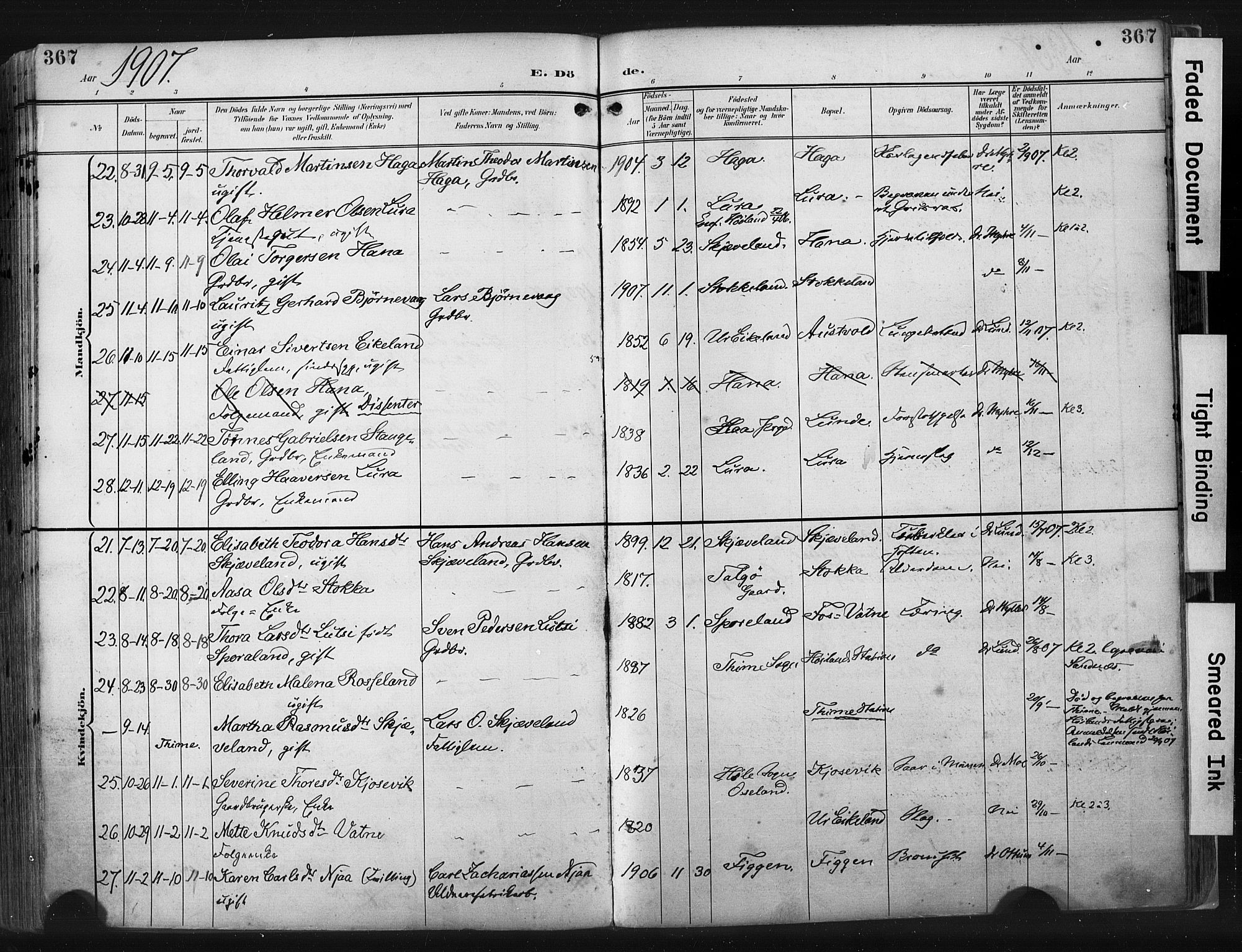 Høyland sokneprestkontor, AV/SAST-A-101799/001/30BA/L0015: Parish register (official) no. A 14, 1899-1911, p. 367