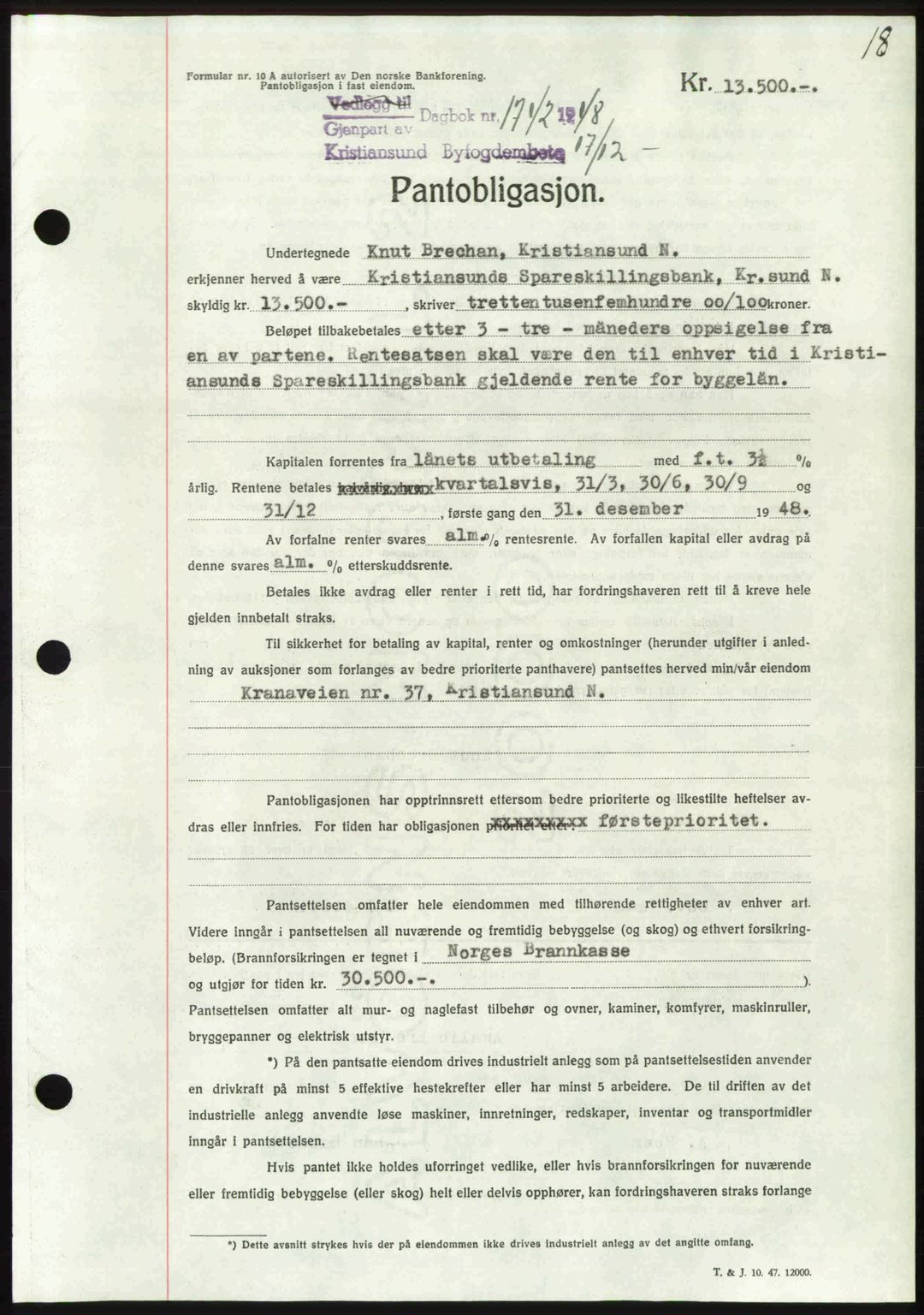 Kristiansund byfogd, AV/SAT-A-4587/A/27: Mortgage book no. 45, 1948-1949, Diary no: : 1742/1948