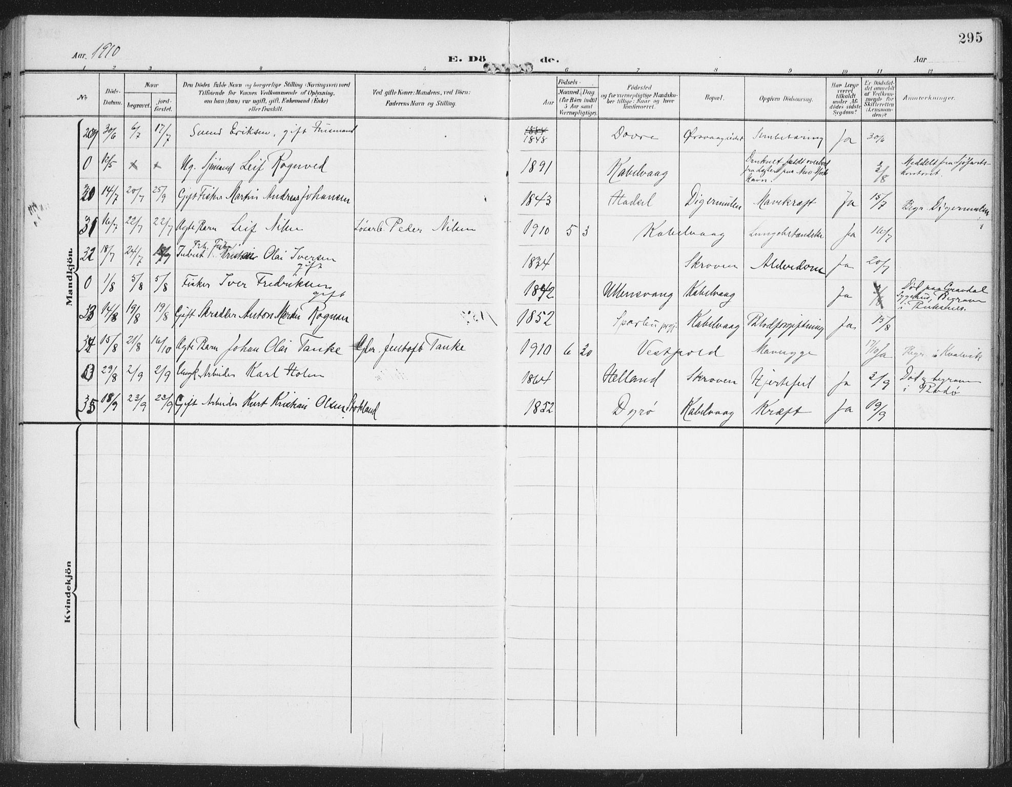 Ministerialprotokoller, klokkerbøker og fødselsregistre - Nordland, AV/SAT-A-1459/874/L1063: Parish register (official) no. 874A07, 1907-1915, p. 295