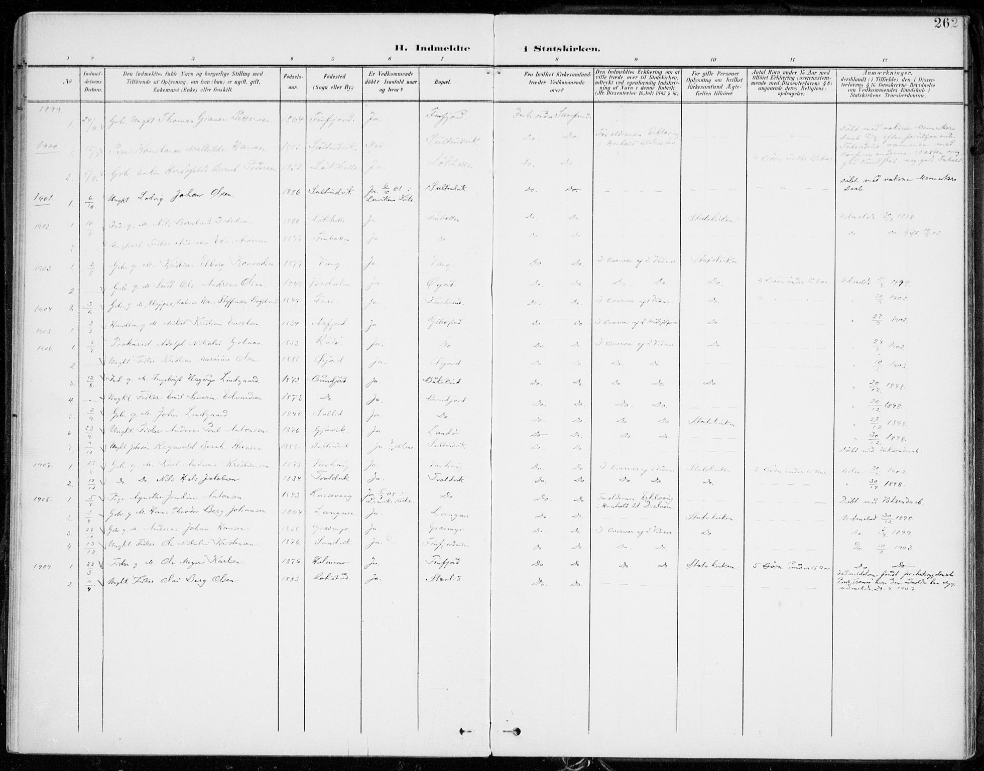 Lenvik sokneprestembete, AV/SATØ-S-1310/H/Ha/Haa/L0014kirke: Parish register (official) no. 14, 1899-1909, p. 262