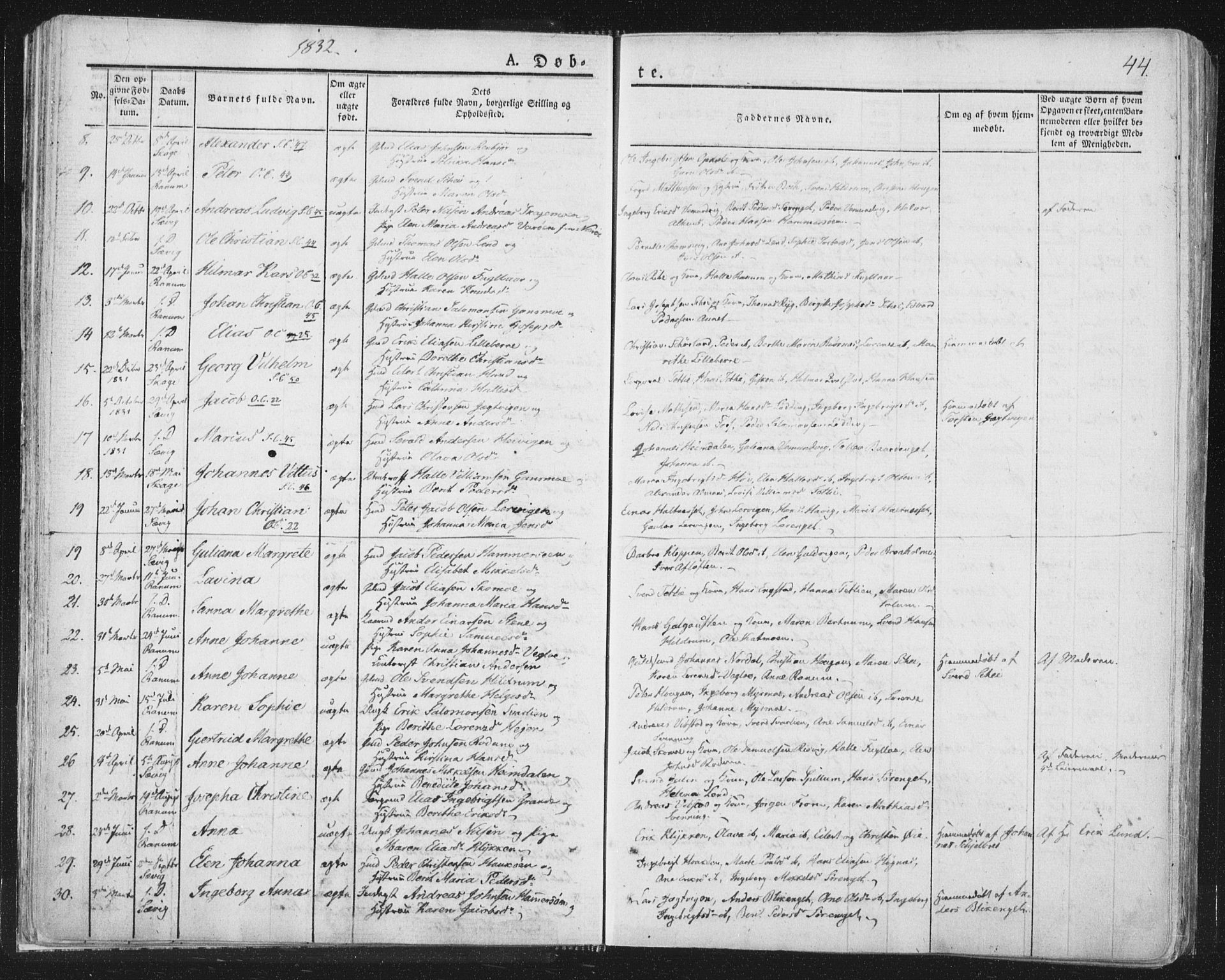 Ministerialprotokoller, klokkerbøker og fødselsregistre - Nord-Trøndelag, AV/SAT-A-1458/764/L0551: Parish register (official) no. 764A07a, 1824-1864, p. 44