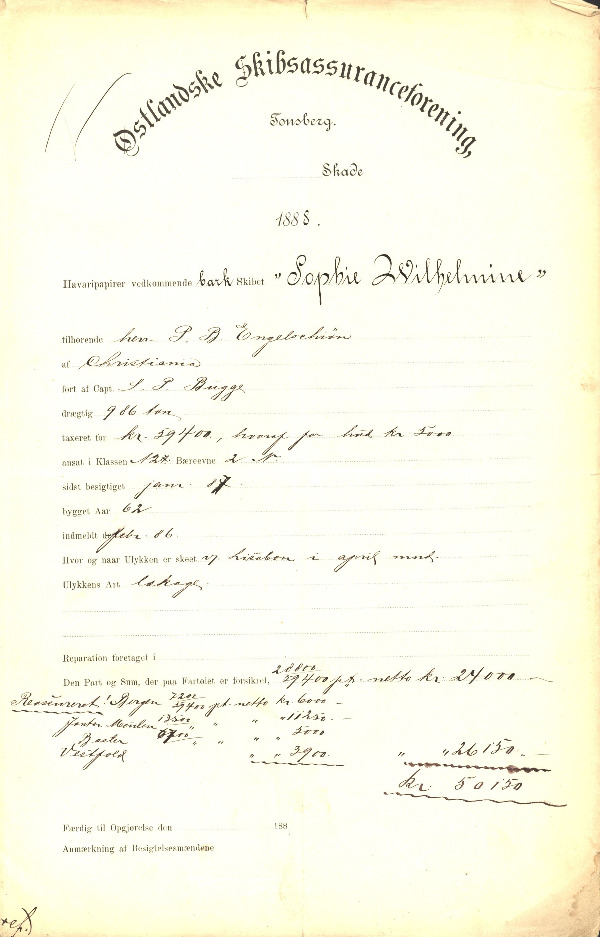 Pa 63 - Østlandske skibsassuranceforening, VEMU/A-1079/G/Ga/L0023/0002: Havaridokumenter / Flora, Frank, Freidig, Sophie, Wilhelmine, 1888, p. 68