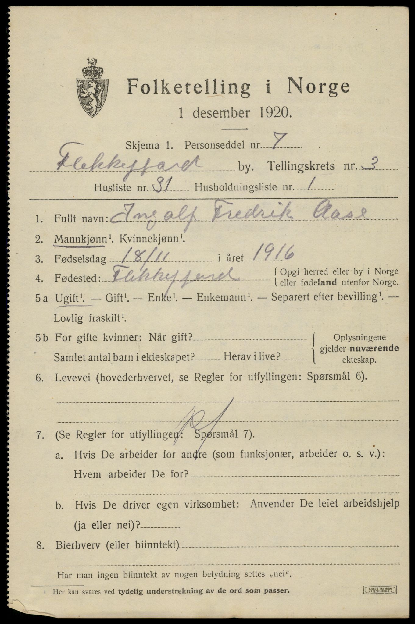 SAK, 1920 census for Flekkefjord, 1920, p. 3776
