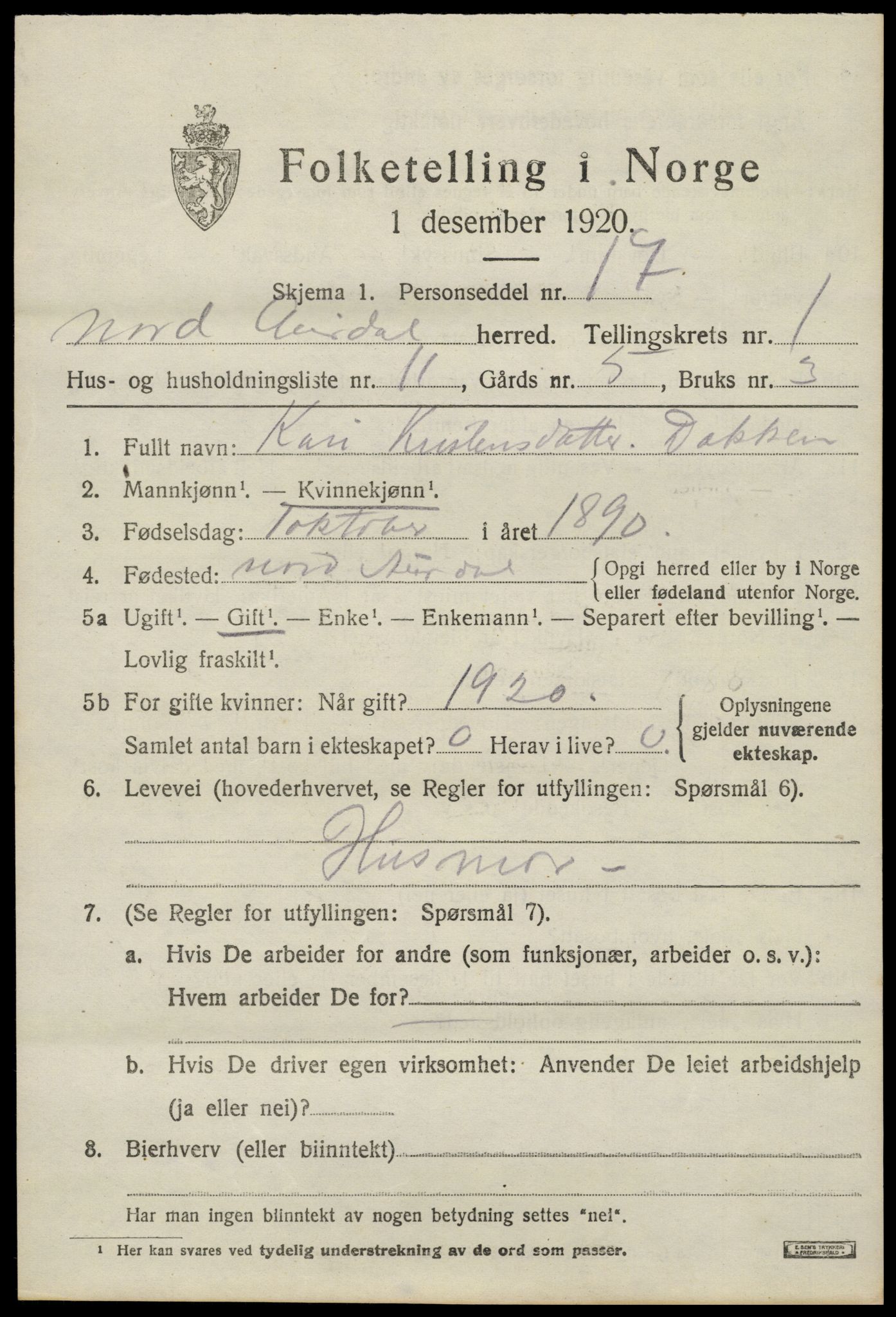 SAH, 1920 census for Nord-Aurdal, 1920, p. 2024