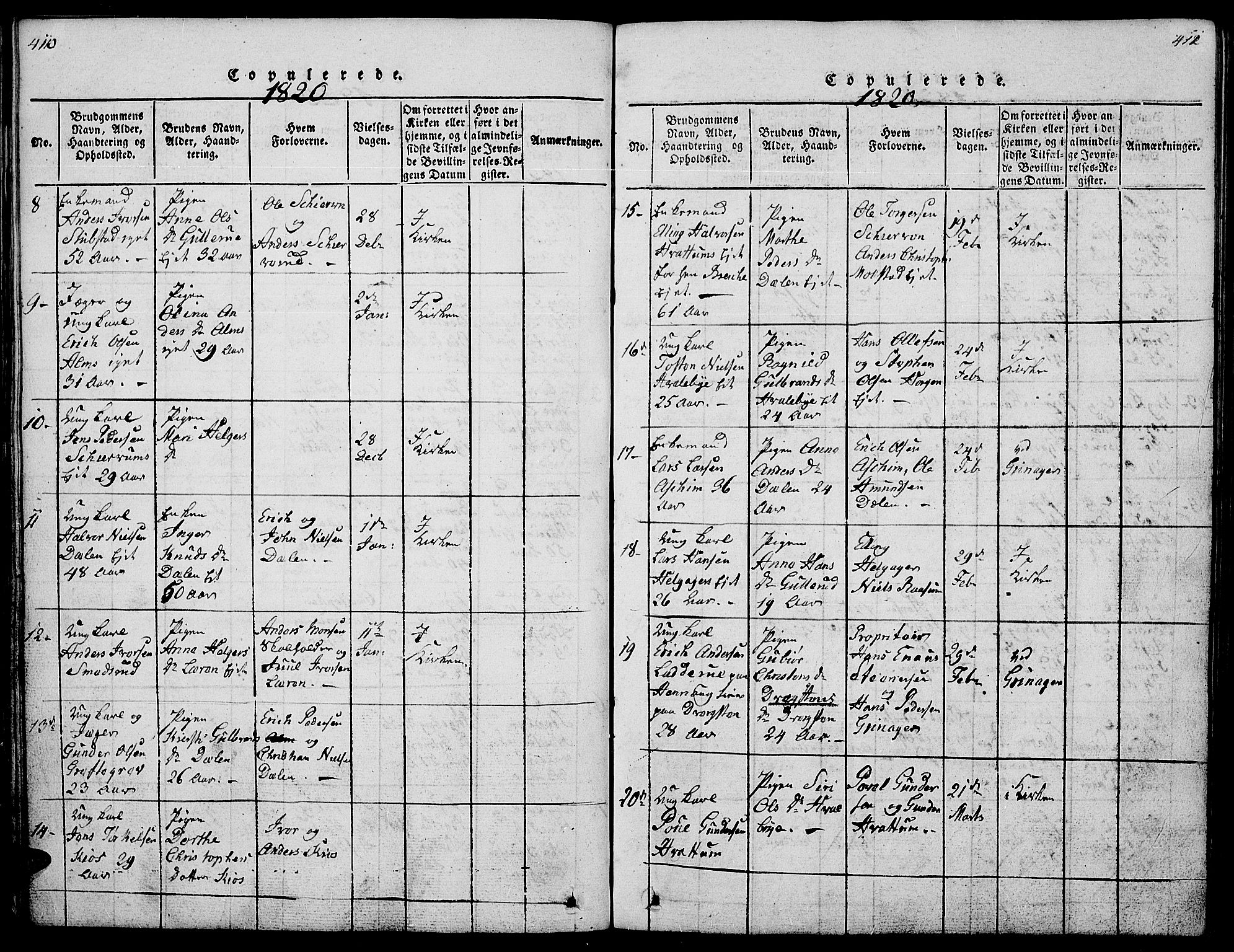 Gran prestekontor, SAH/PREST-112/H/Ha/Hab/L0001: Parish register (copy) no. 1, 1815-1824, p. 410-411
