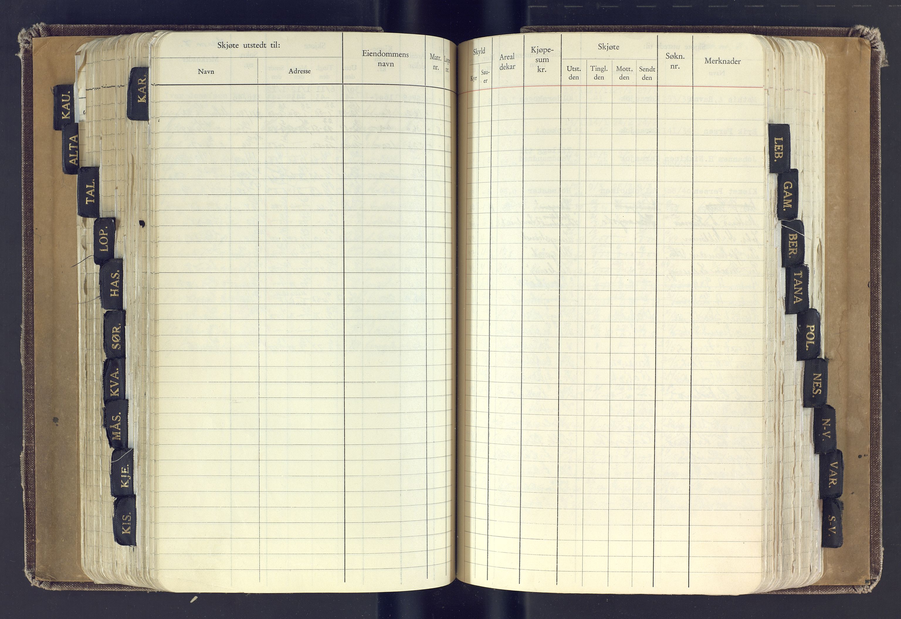 Finnmark jordsalgskommisjon/jordsalgskontor og Statskog SF Finnmark jordsalgskontor, AV/SATØ-S-1443/J/Jc/L0001: Skjøtebok, 1932-1983