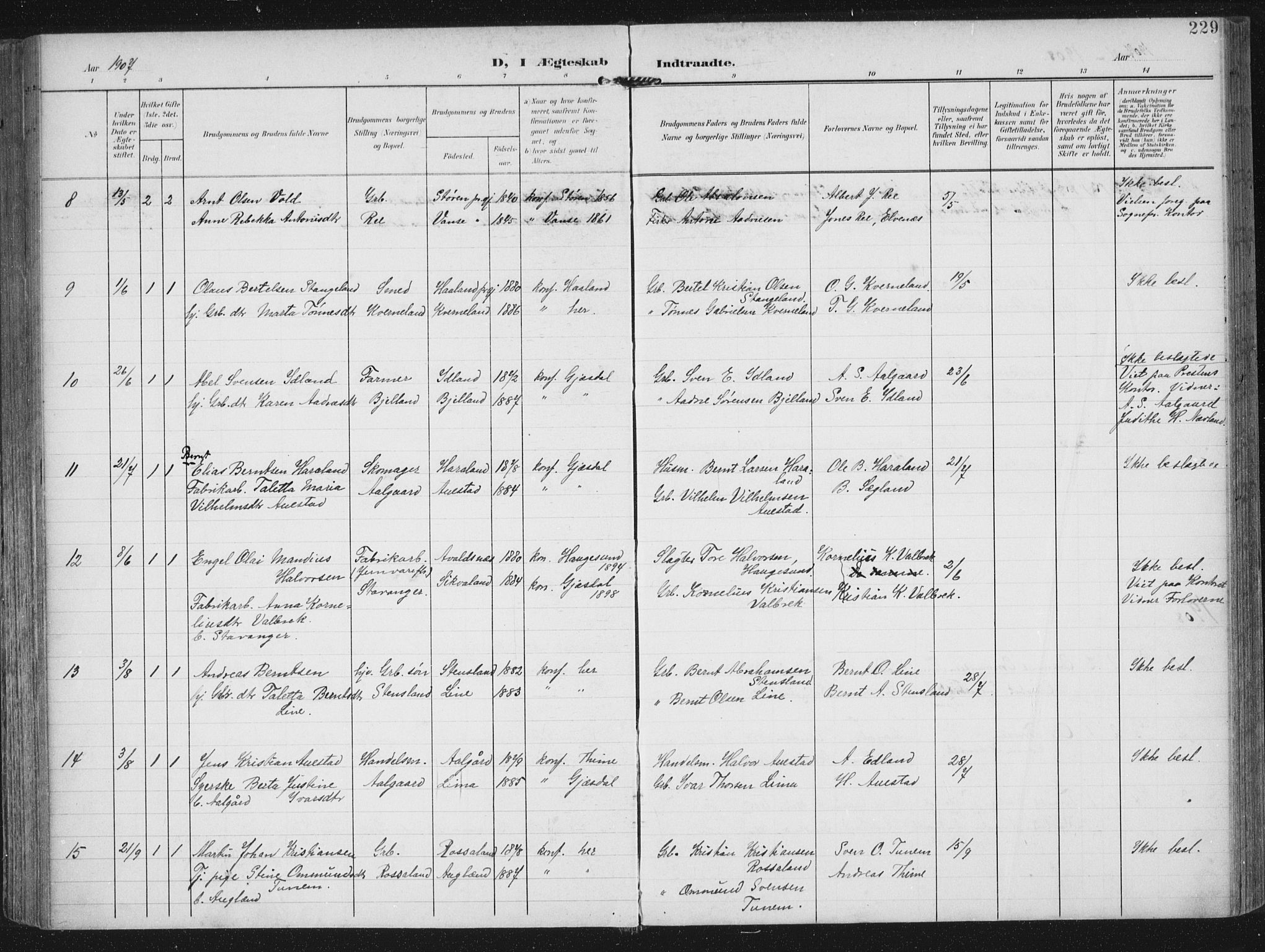 Lye sokneprestkontor, AV/SAST-A-101794/002/A/L0001: Parish register (official) no. A 12, 1904-1920, p. 229